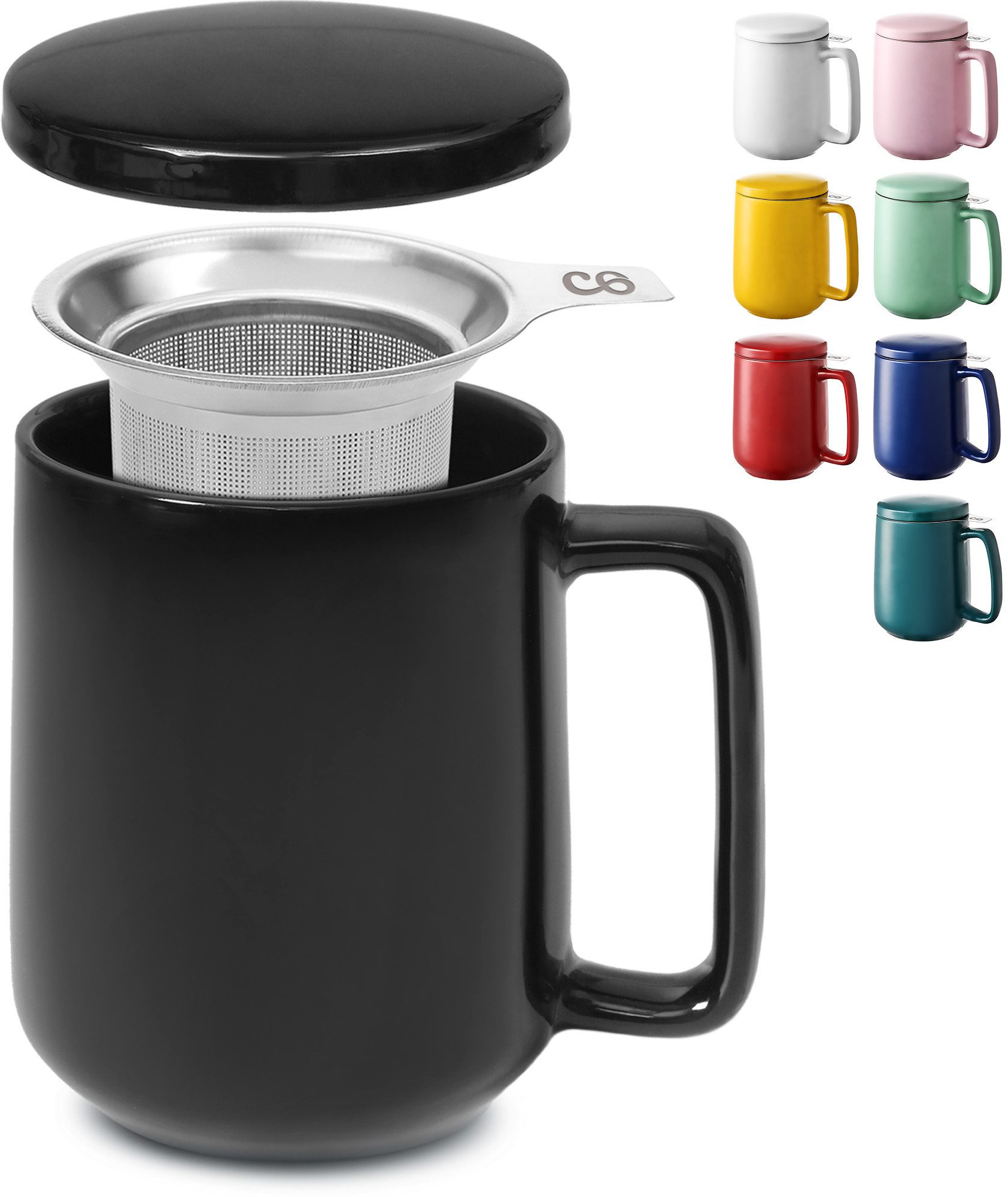 Cosumy Teeglas Teetasse mit Sieb und Deckel Schwarz 500ml, Keramik, Hält Lange warm - 500 ml XXL Groß - Spülmaschinenfest