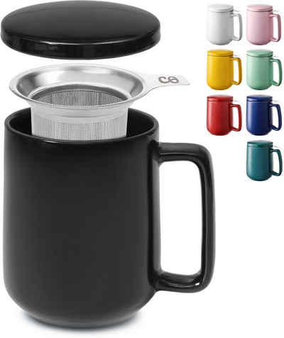 Cosumy Teeglas Teetasse mit Sieb und Deckel 500ml - Jumbotasse, Keramik, Hält Lange warm - 500 ml XXL Groß - Spülmaschinenfest