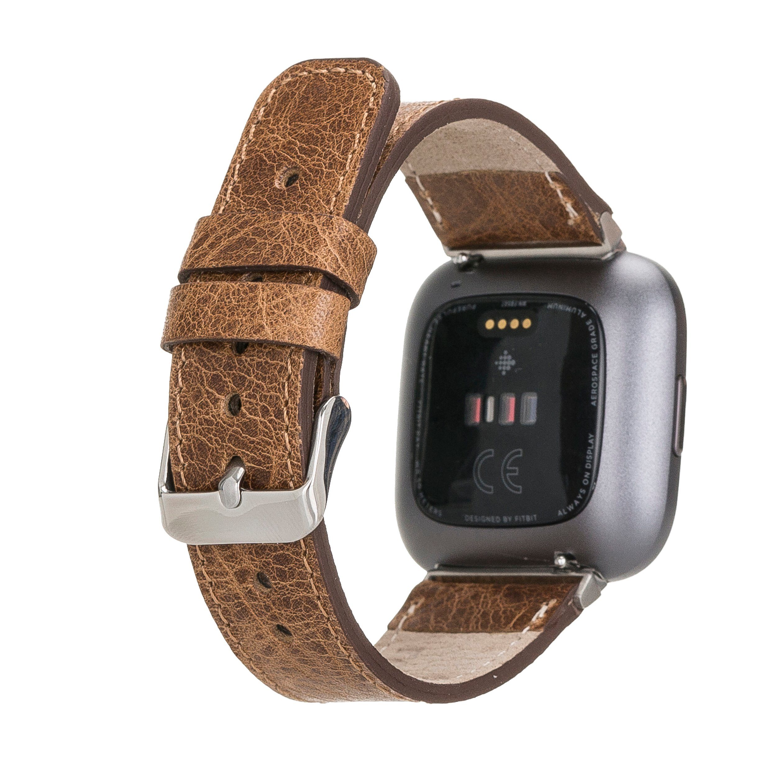 2 Fitbit Echtes Versa Leather VINTAGE Ersatzarmband 4 Smartwatch-Armband 3 & Sense / Leder Armband BRAUN Renna /