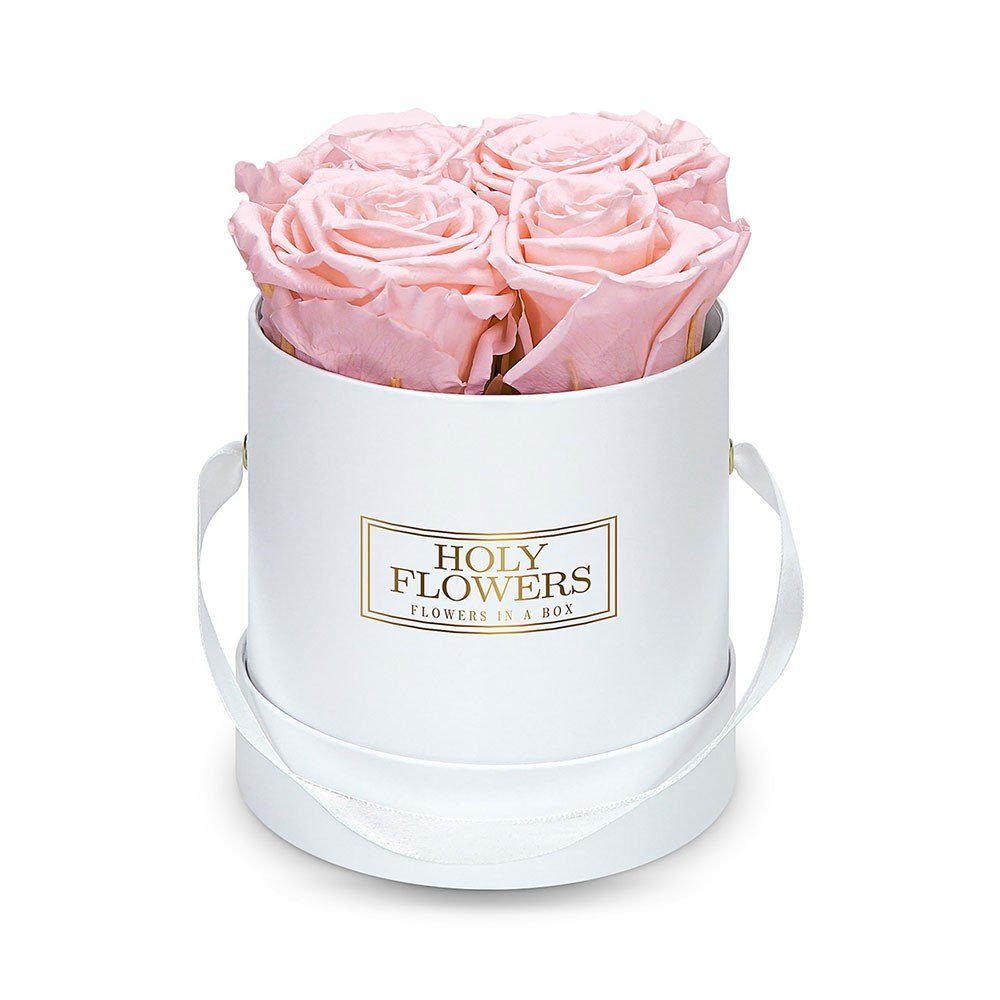 Kunstblume Runde Rosenbox in weiß mit 4-5 Infinity Rosen I 3 Jahre haltbar I Echte, duftende konservierte Blumen I by Raul Richter Infinity Rose, Holy Flowers, Höhe 11 cm Pink Blush
