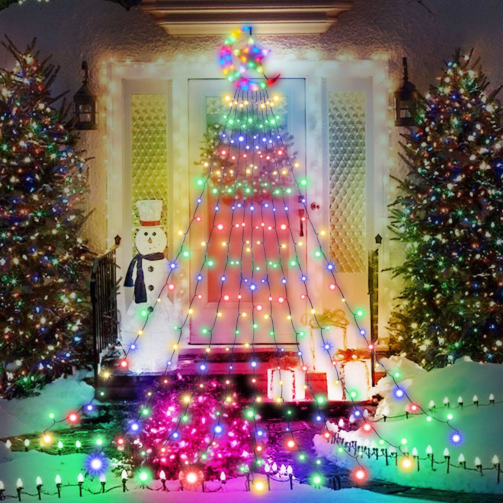 Laybasic LED-Lichterkette LED Weihnachtsbaum Lichterkette mit Topper Moon Star,350 LEDs, 350-flammig, Christbaumbeleuchtung,8-Modi,Timer,IP44 Wasserdicht Mehrfarbig