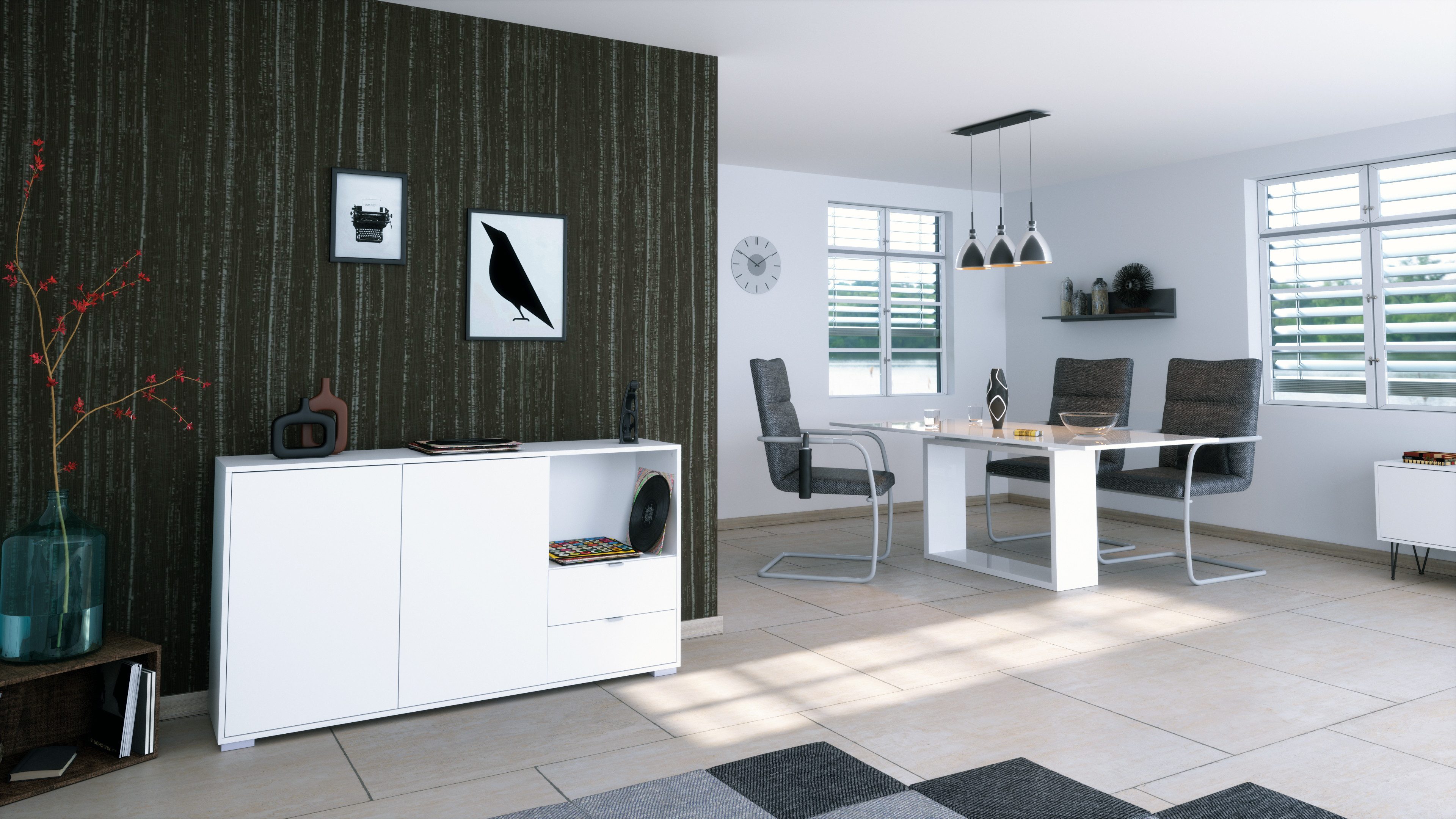 Vladon Sideboard Milano (Kommode mit 2 Türen Weiß matt, 2 Schubladen Weiß matt, Made in Germany), Korpus Weiß matt (152,5 x 83 x 37 cm)