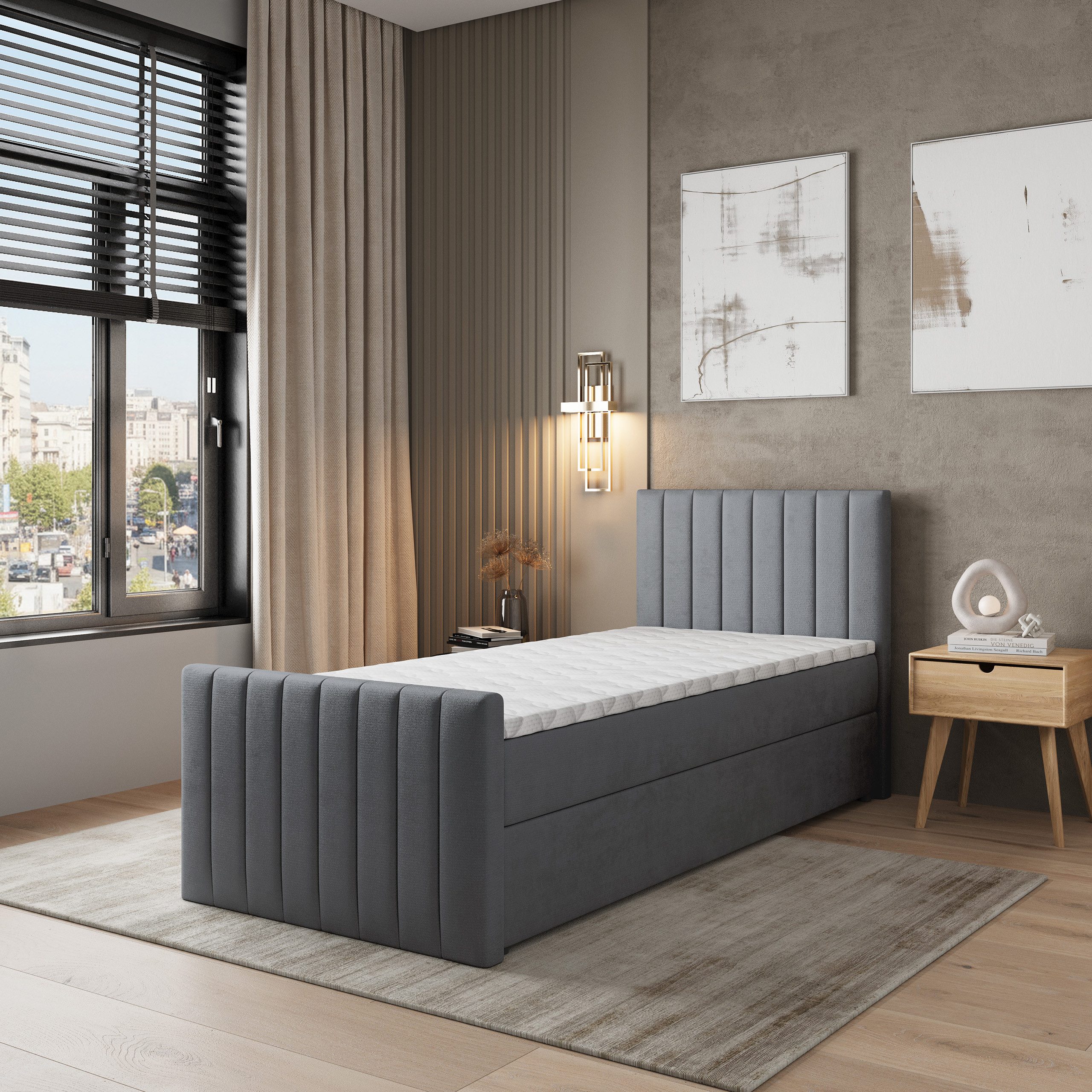 Masseno Boxbett ARION 100x200 cm mit Bonell Matratze und Topper, Einzelbett, Jugendbett, Polsterbett mit Kopfteil, Boxspringbett