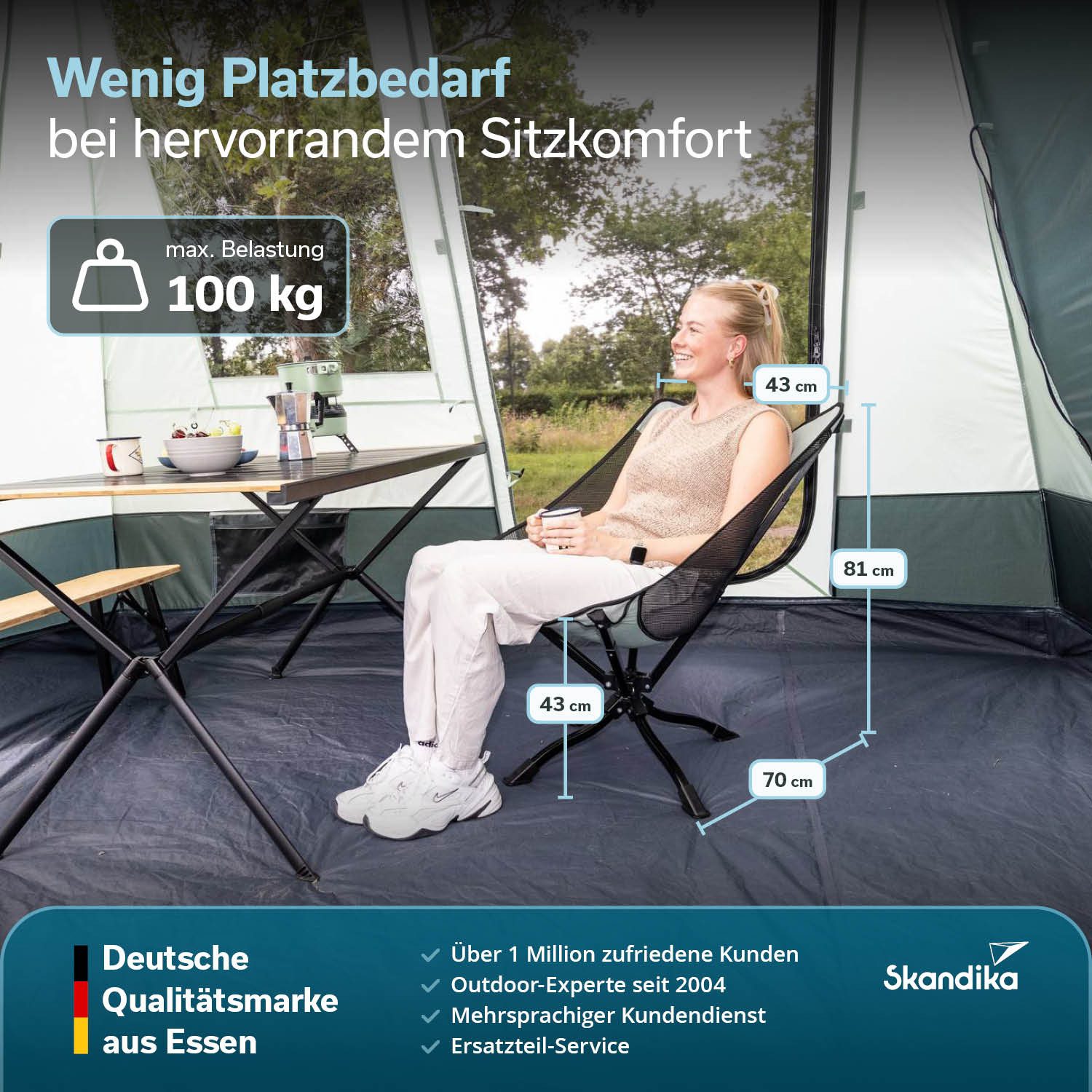 Skandika Campingstuhl Compact 360, klappbar, Anti-Rutsch-Kunststofffüße, bequem gepolstert (Nutzergewicht 100 kg, Camping Stuhl, Anglerstuhl, kleines Packmaß), Tragetasche mit Reißverschluss, Trage- bzw. Aufhängeschlaufe, stabil