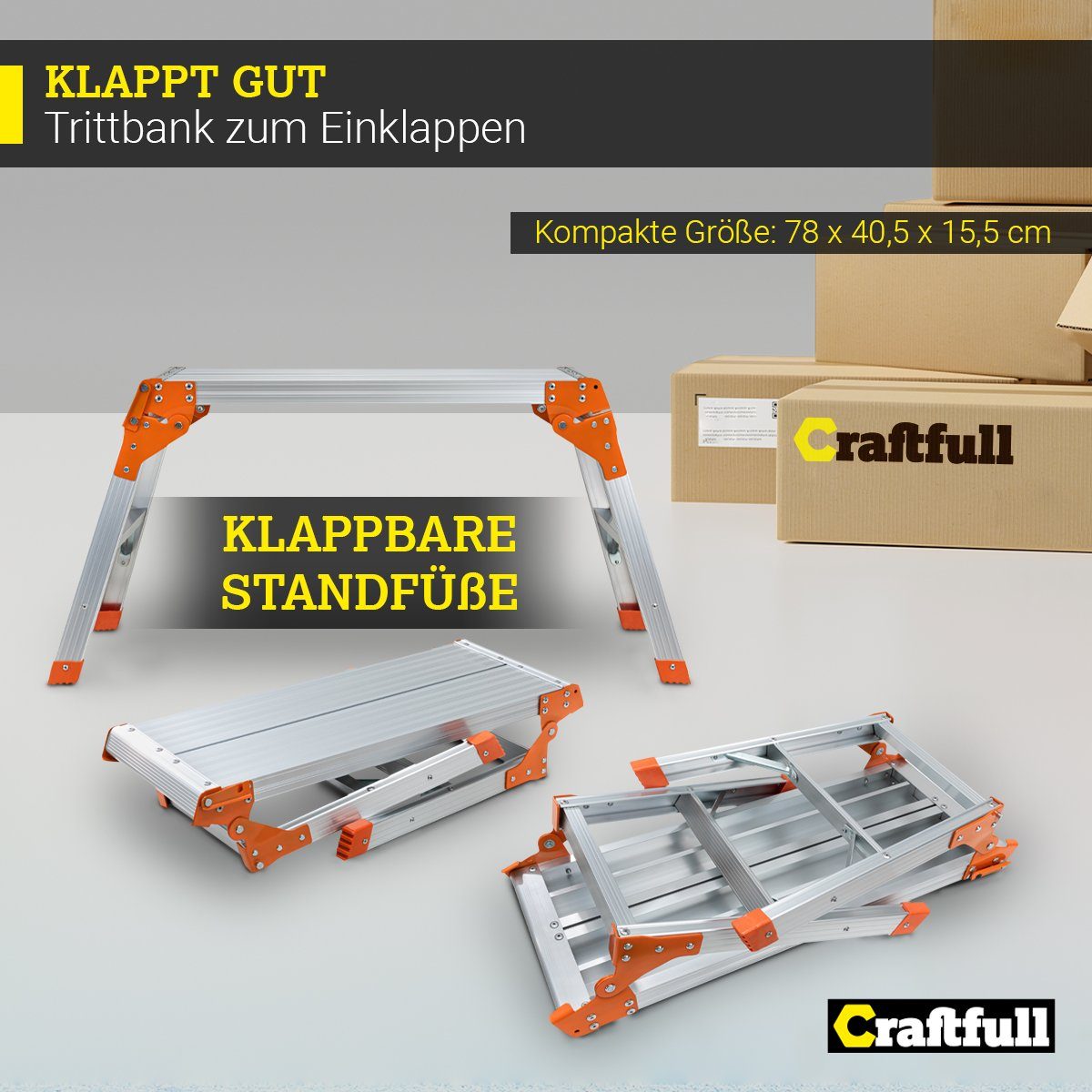 Arbeitsplattform - CF-107A kg Haus x - Werkzeug Einklappen mini Heimwerken, - Silber/Orange 3 - für - klappbare - Craftfull Werkbank zum Traglast Aluminium (74 - Arbeitsbühne 1-St., Arbeitspodest klappbar J. Sicherheitsbügel, Garantie Standfüße), 150 Arbeitsplattform Garten cm Anti-Rutsch, Trittbank Werkstatt 30 Arbeitshilfe