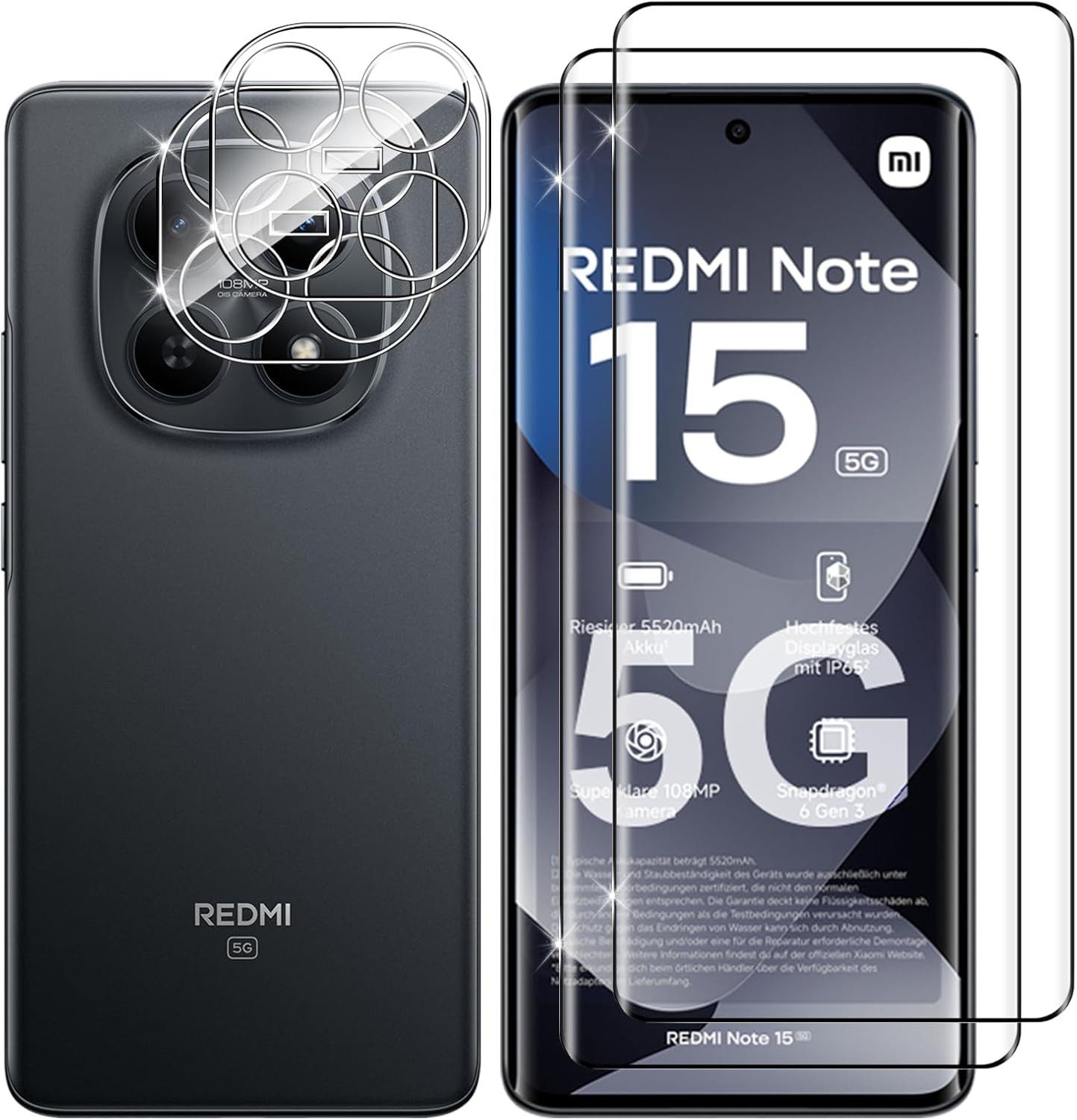 MSM Displayschutzglas 2X 3D Schutzglas (Display + Kamera) für Xiaomi Redmi Note 15 5G 9H