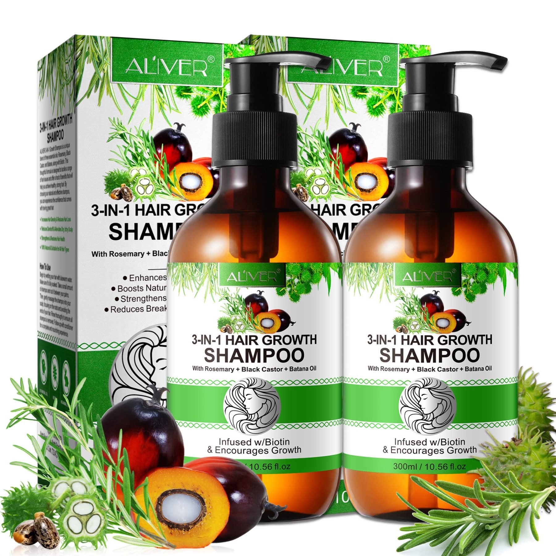 ALIVER Haarshampoo Rosmarin Rizinus Batana Öl mit Biotin für Kopfhaut Pflege Haarwachstum, 2-tlg., Anti-Frizz, Entwirrend, Feuchtigkeitsspendend, Haar-Repair, Haarwuchs