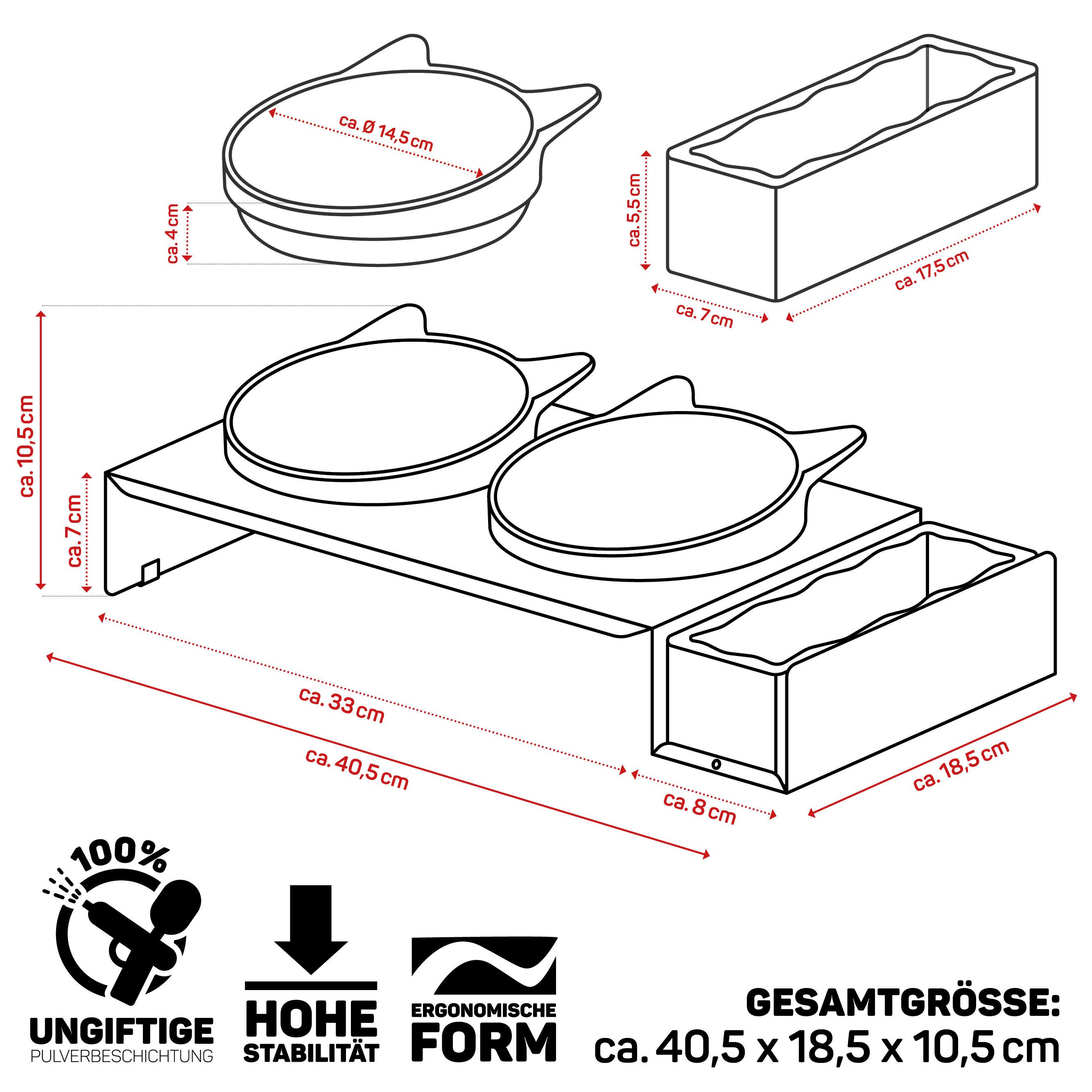Canadian Cat Company Futterstation - Industrial Foodbar - Futterstation aus Metall mit Keramikschalen, Keramik, Mit zusätzlicher Schale für Leckerleien oder Katzengrass