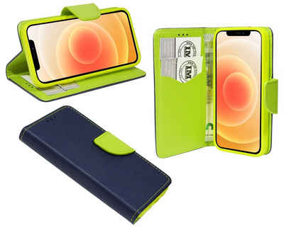 cofi1453 Handyhülle cofi1453® Buch Tasche "Fancy" für iPhone 12 Mini Handy Hülle Etui Brieftasche Schutzhülle mit Standfunktion, Kartenfach Blau-Grün