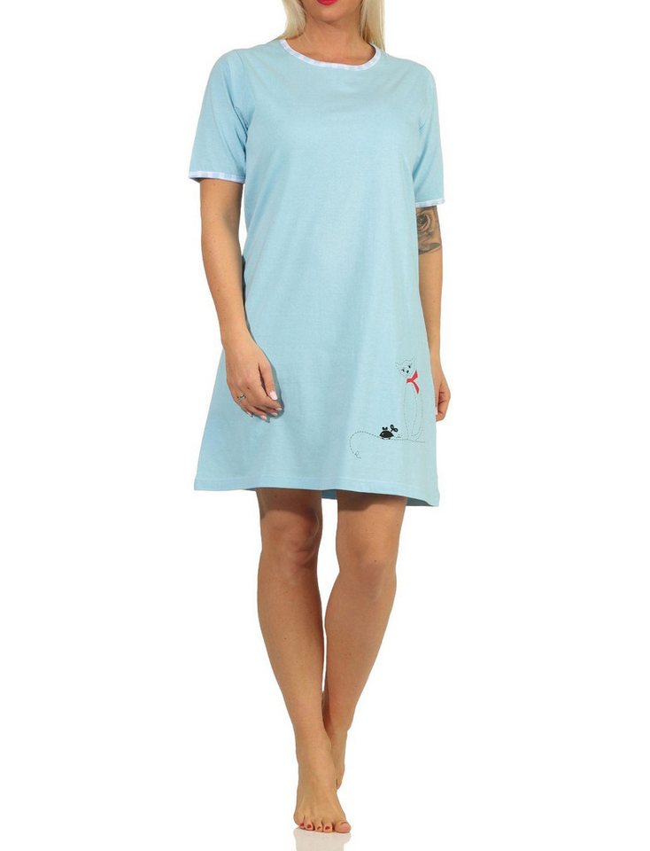 Normann Nachthemd Damen Nachthemd, kurzes Bigshirt mit süßer Katzen-Applikation - 66335