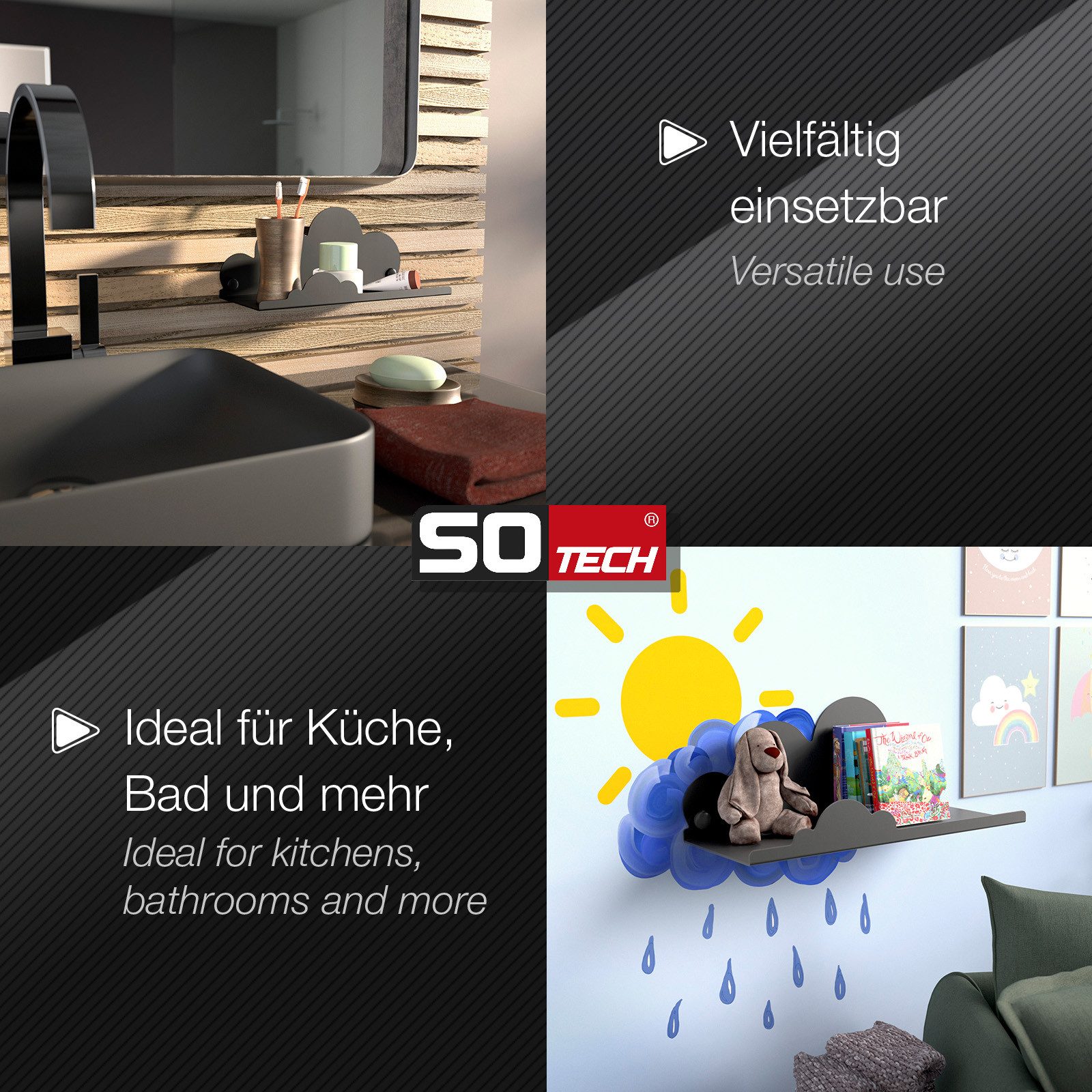 SO-TECH® Wandregal Schweberegal HOVER-XI 25 x 10 x 10 cm inkl. Befestigungsset, 1-tlg., Wandmontage, für Bad Küche oder Wohnzimmer, Schwarz – Bild 5 von 5