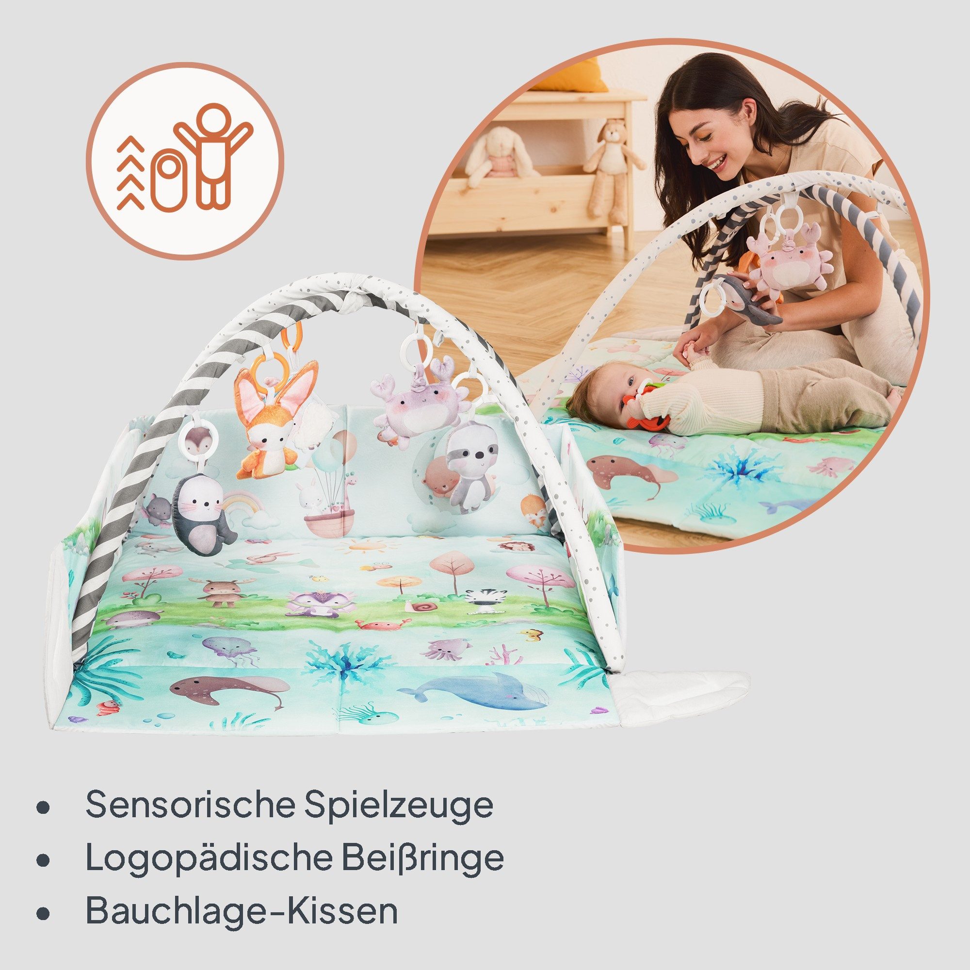 lionelo Spielmatte ANIKA NATURAL (Set, Spieldecke/8 Spielzeuge/Tummy-Time-Kissen/2 Beißringe), Bambusbezug/8Spielzeuge/aufklappbar/waschbar/0+ – Bild 4 von 5