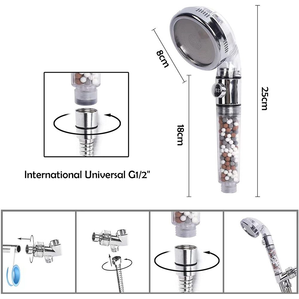 TUWENA Handbrause Duschkopf mit Filter, Duschbrause Wassersparend mit 3 Strahlarten, Handbrause Duschkopf, Sparduschkopf mit Filter und Ersatzfilterpatrone