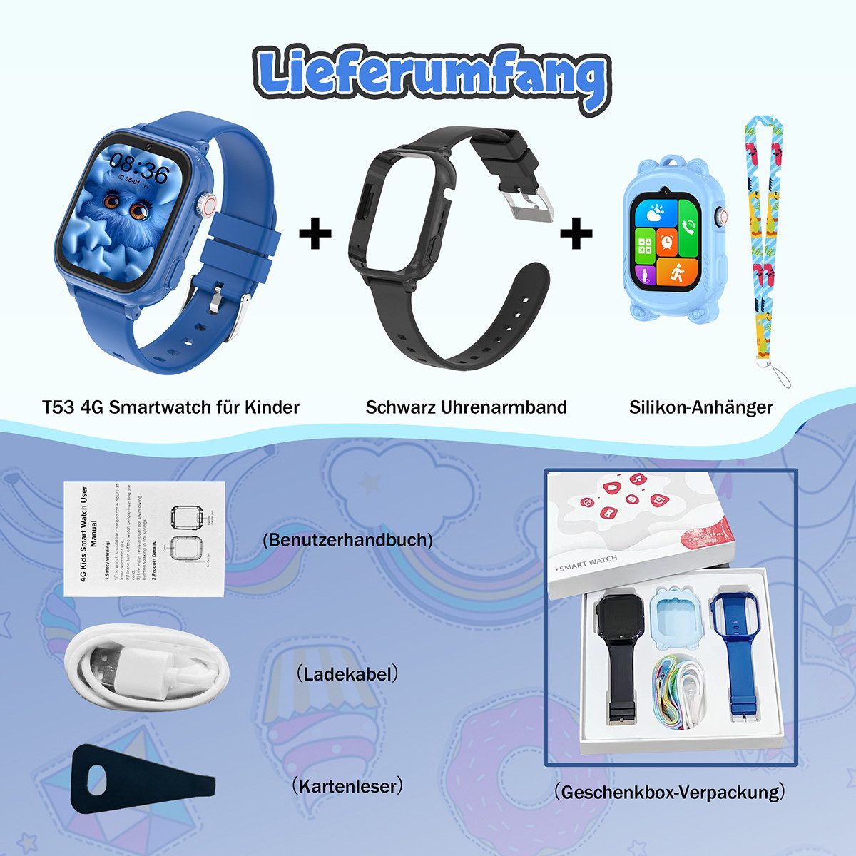 Vashoy 2026 T53Neue Smartwatch Kinder mit GPS, Kameras Smartwatch (5 cm/1.83 Zoll, Android/4G (LTE) 4G Telefonfunktionen Smartwatch, 7-tlg., austauschbares Gehäuse, viele Kombis, diverse Tragevarianten., Schulmodus,Geschenke für Kinder im Alter von 5 bis 16 Jahren