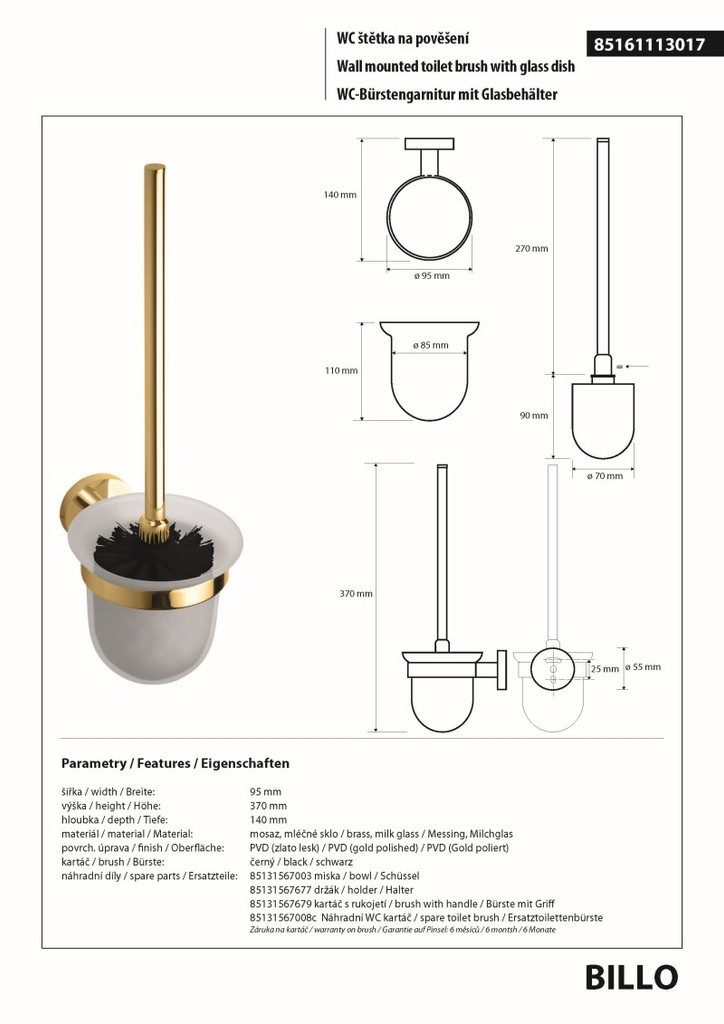 BRILLANTBAD® WC-Garnitur BILLO WC-Garnitur Messing Gold poliert Glas Bad WC >> Bohren / Kleben – Bild 2 von 2