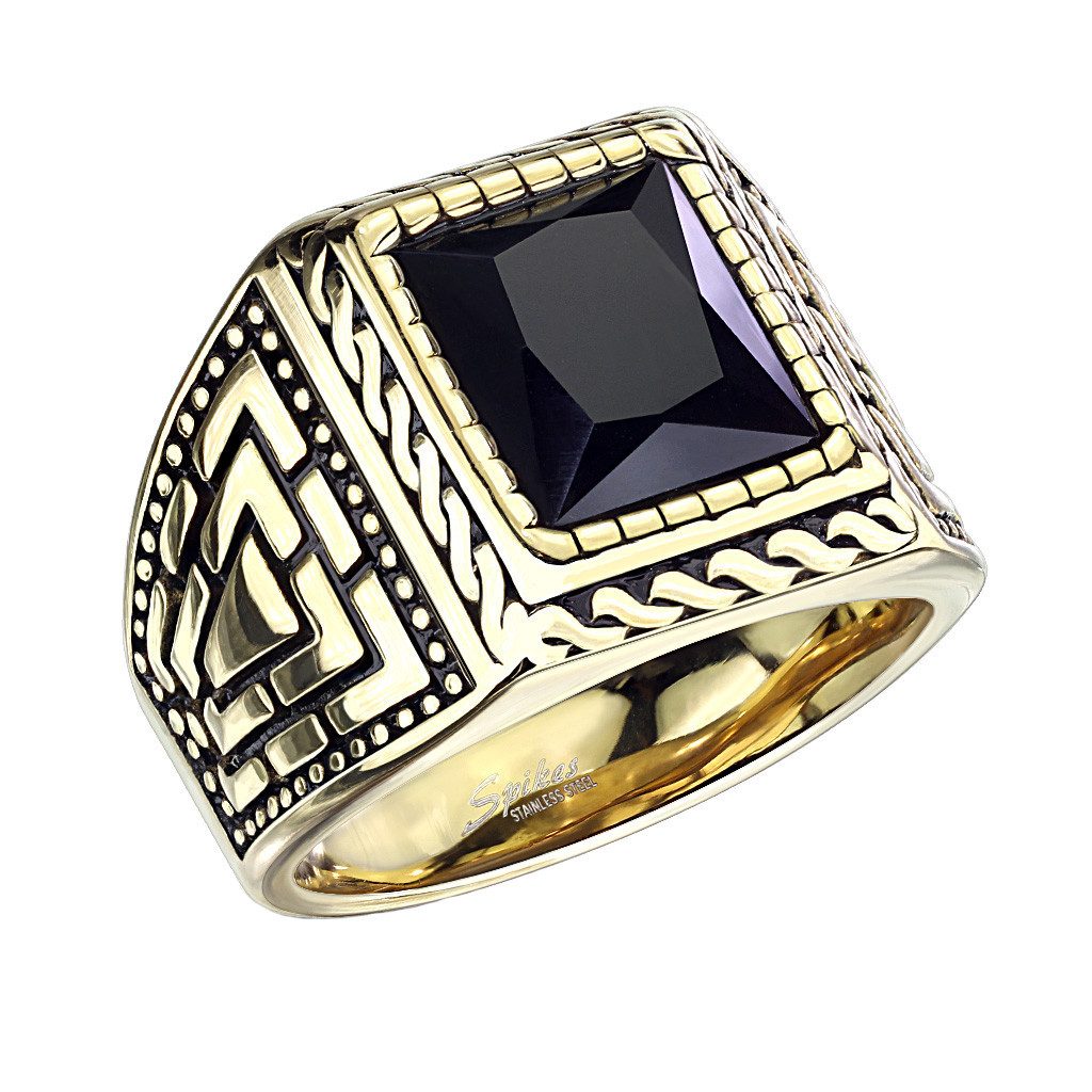 Taffstyle Fingerring Massiver Herren Edelstahl Ring vergoldet XXL schwarzer Kristall (Vergoldeter Statement Ring mit großem Stein für Herren im Rocker Biker Stil), Männer Siegelring Massiv, Breit, Schwer - Geschenkidee