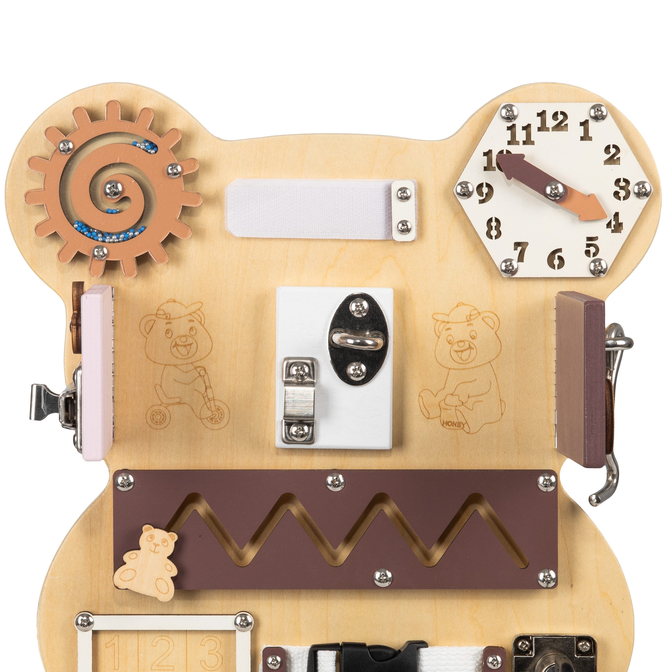 COIL Motorikbrett Motorikwand Bär Montessori Spielzeug Aktivitätsbrett aus Holz, mit Schloss, Riegel, Sicherheitsverschluss, Uhr