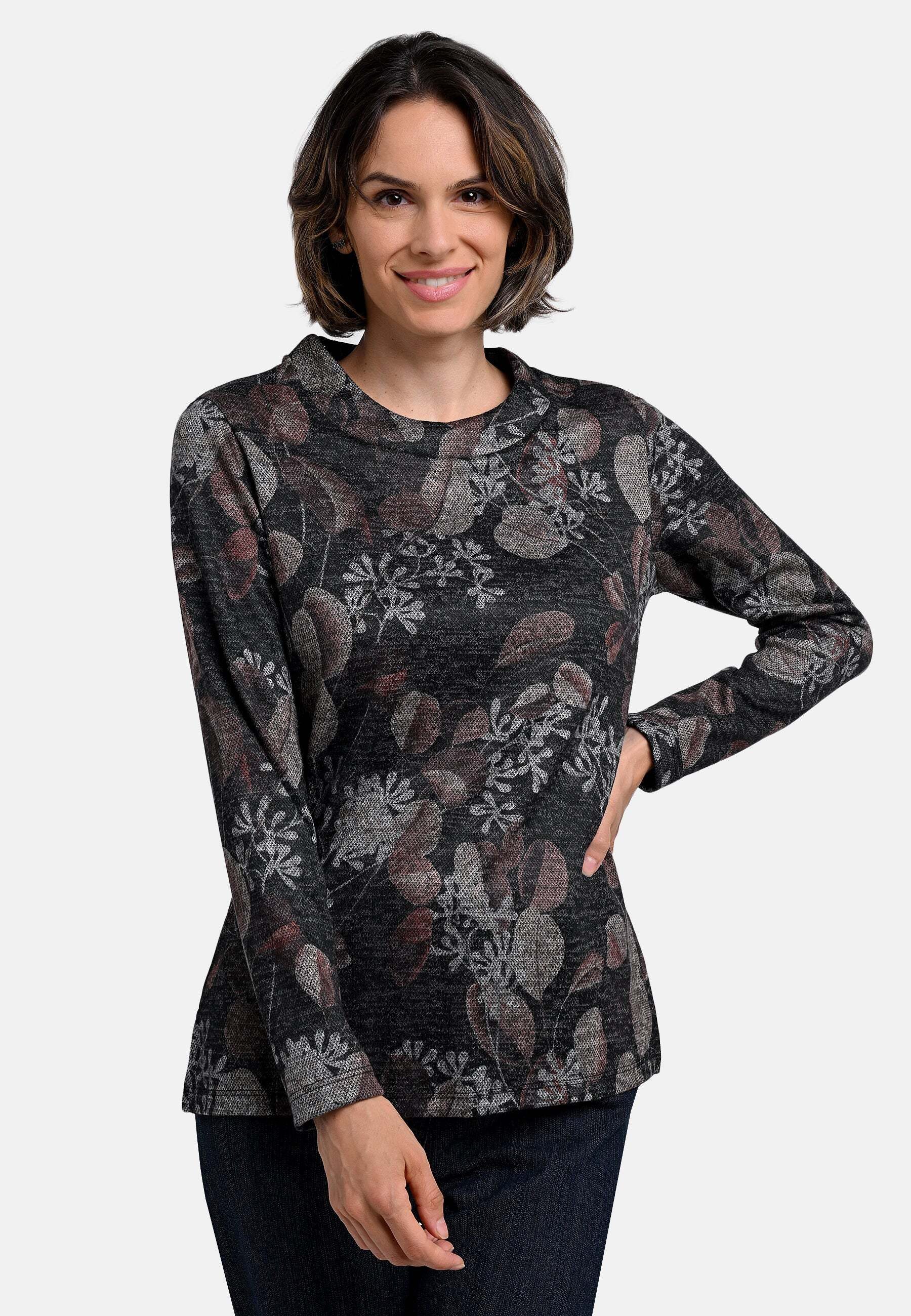 BICALLA T-Shirt Shirt mit Blätter-Print in Anthrazit/Braun (1-tlg)