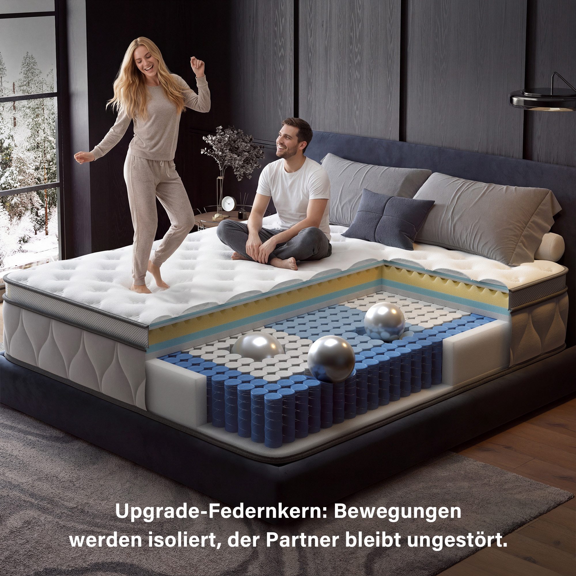 Boxspringmatratze 7-Zonen Federkernmatratze, Härtegrad H3, mit 1000 Federn & Memory Foam, Klyvvo, 26 cm hoch, Rückenentlastende, Bewegungsisolierung, Druckentlastung, Atmungsaktiv