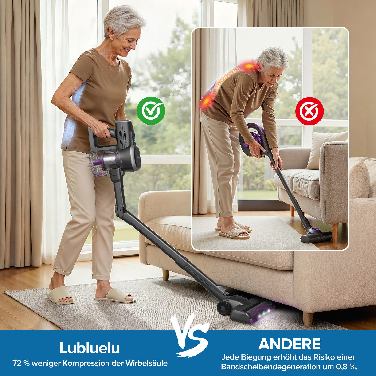 lubluelu Akku-Hand-und Stielstaubsauger P5 Akku Staubsauger 45kpa / 50min. mit Flexibles Biegegelenk, 400 W, beutellos, Selbststehendes Design / Anti-Tangle-Bürste