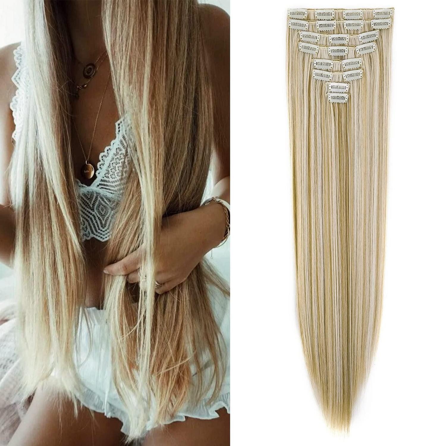 LuxusKollektion Kunsthaar-Extension Clip in Extensions Echthaar 60 cm Dunkelblond Bleichblond