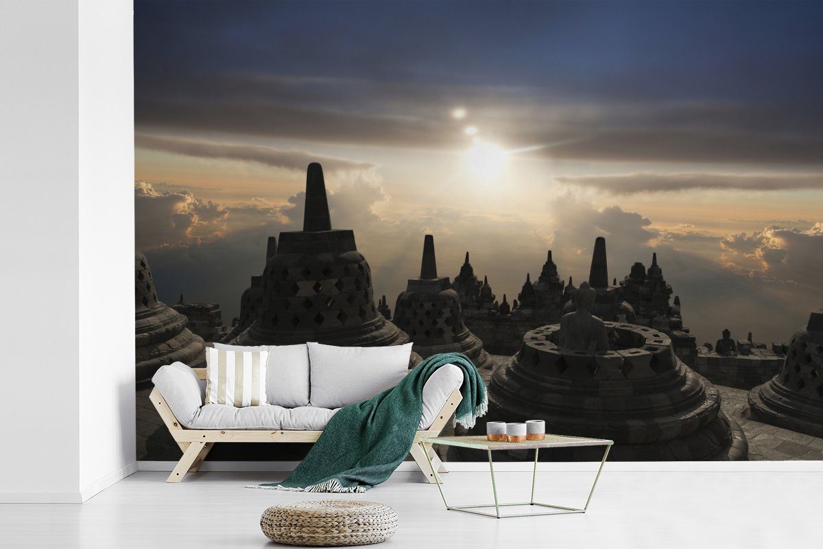 MuchoWow Fototapete Borobudur bei Sonnenuntergang, Wohnzimmer, Tapete St), für Schlafzimmer, Kinderzimmer, Vinyl Matt, Wallpaper (6 bedruckt