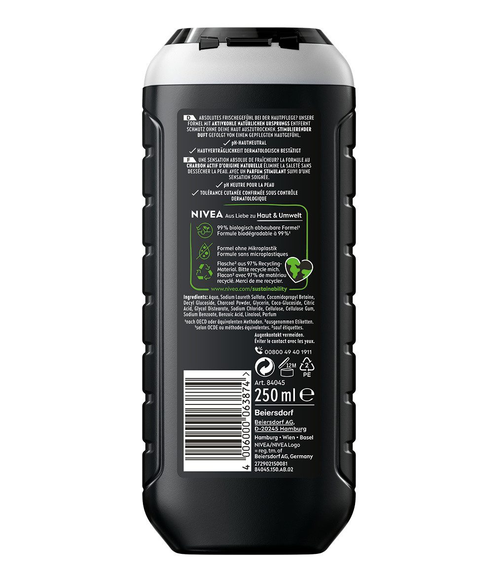 Nivea Men Duschgel Active Clean 6 x 250ml, 6-tlg., Mit Aktivkohle natürlichen Ursprungs