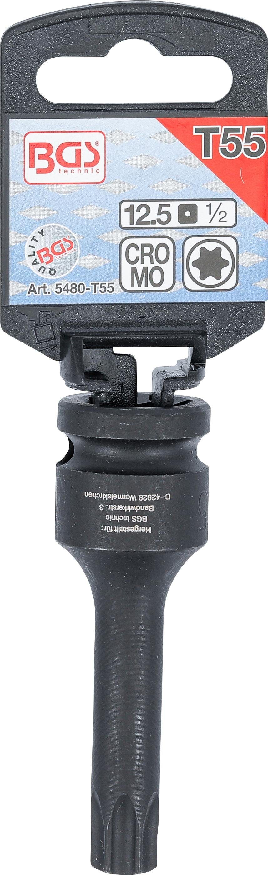 BGS technic Antrieb Torx) (1/2), Innenvierkant Kraft-Bit-Einsatz, T55 Bit-Schraubendreher 12,5 T-Profil mm (für