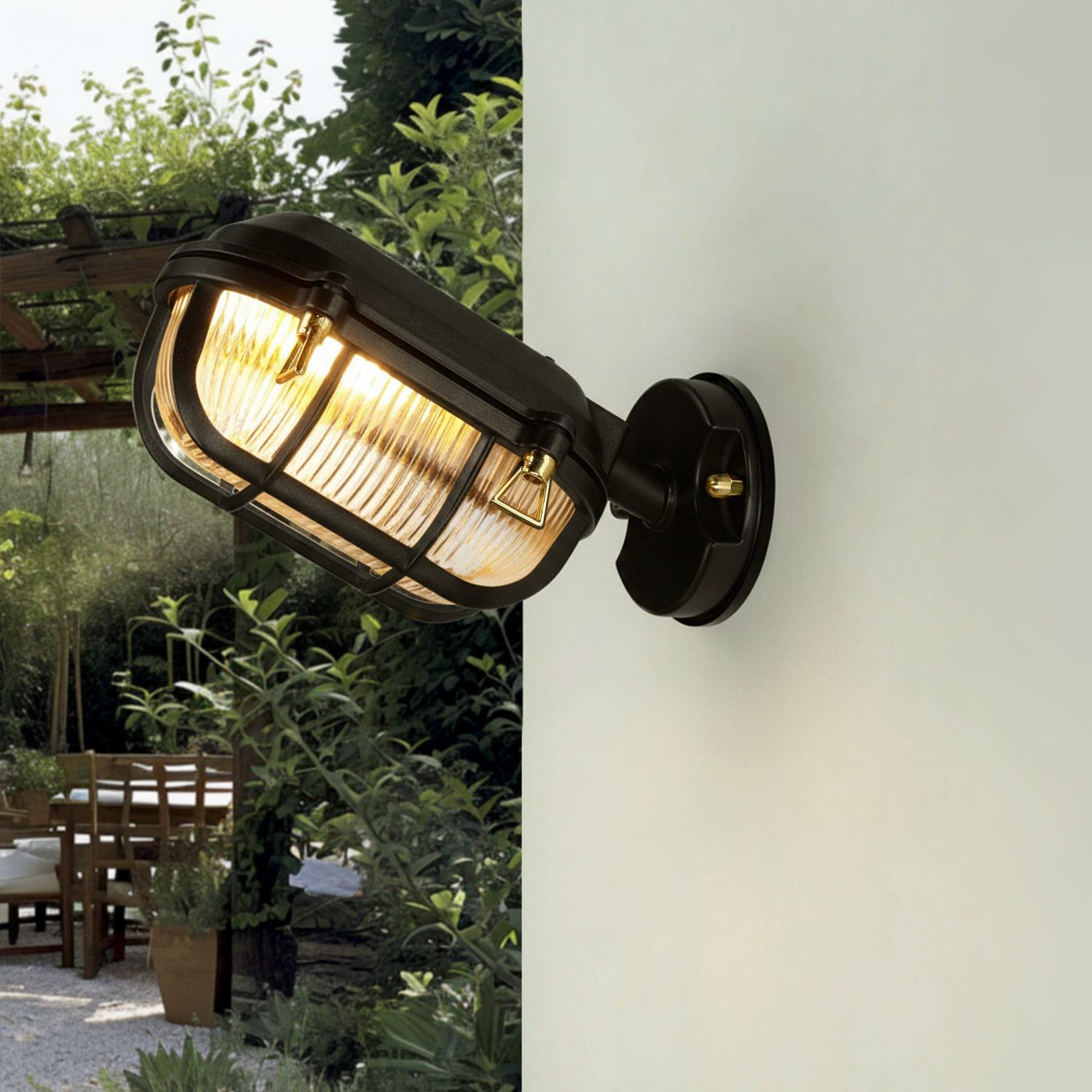 Licht-Erlebnisse Außen-Wandleuchte SKIATHOS, ohne Leuchtmittel, Glas Messing H: 15,5 cm IP64 Schwarz E27 Maritim