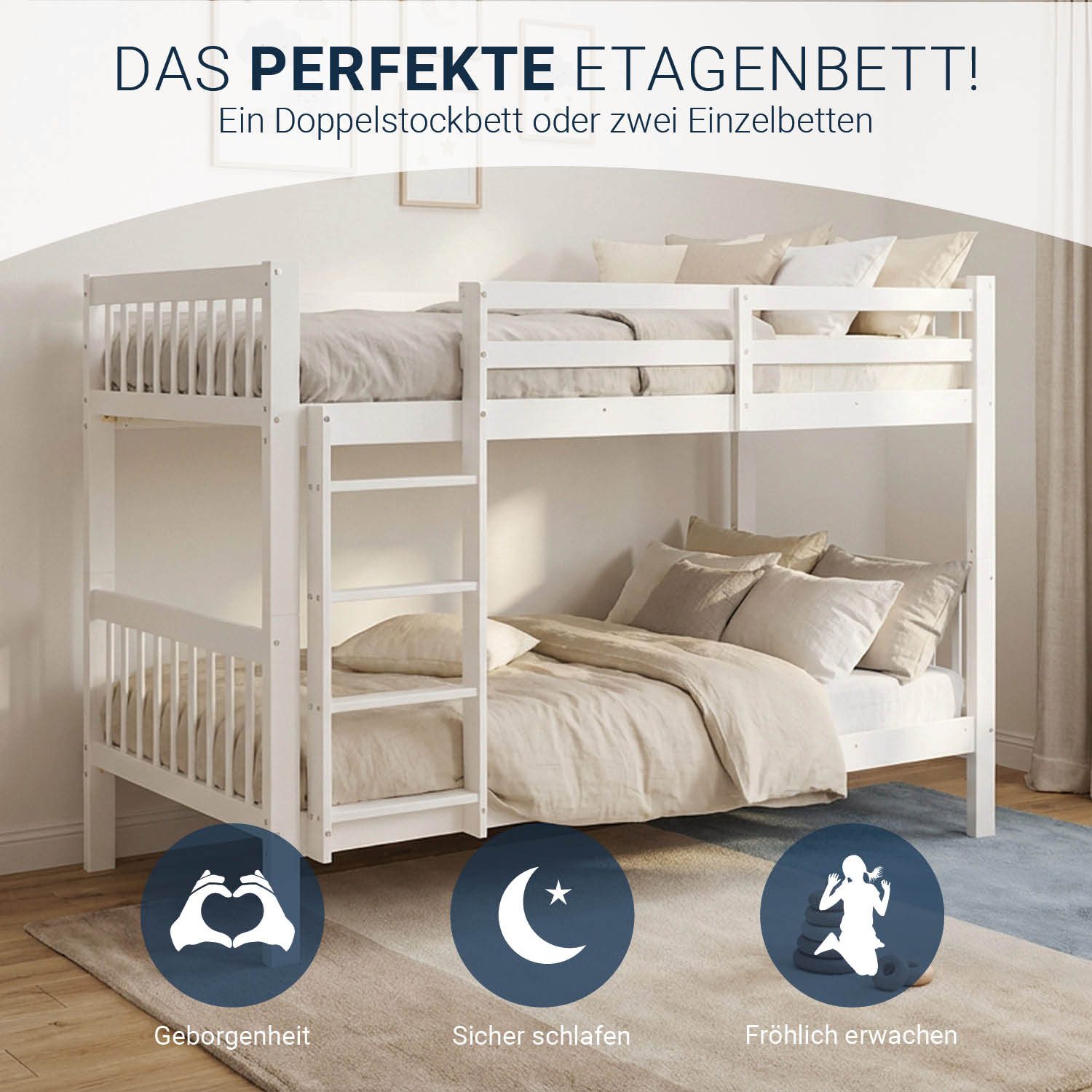 Homestyle4u Etagenbett 90x200 Kinderbett Geschwisterbett Weiß Doppelstockbett Hochbett Holz (Set mit 2x Lattenrost, mit 2x Lattenrost), Kiefer, umbaubar zu 2 Betten, einzeln stellbar, geteilt
