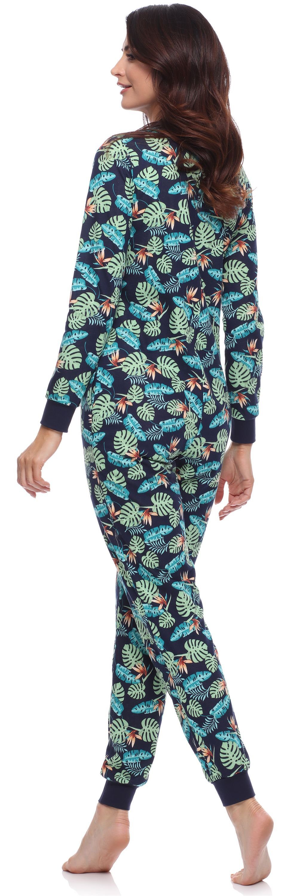 Schlafoverall Merry Schlafanzug Damen Schlafanzug Strampelanzug MS10-187 Marineblau/Blätter Style