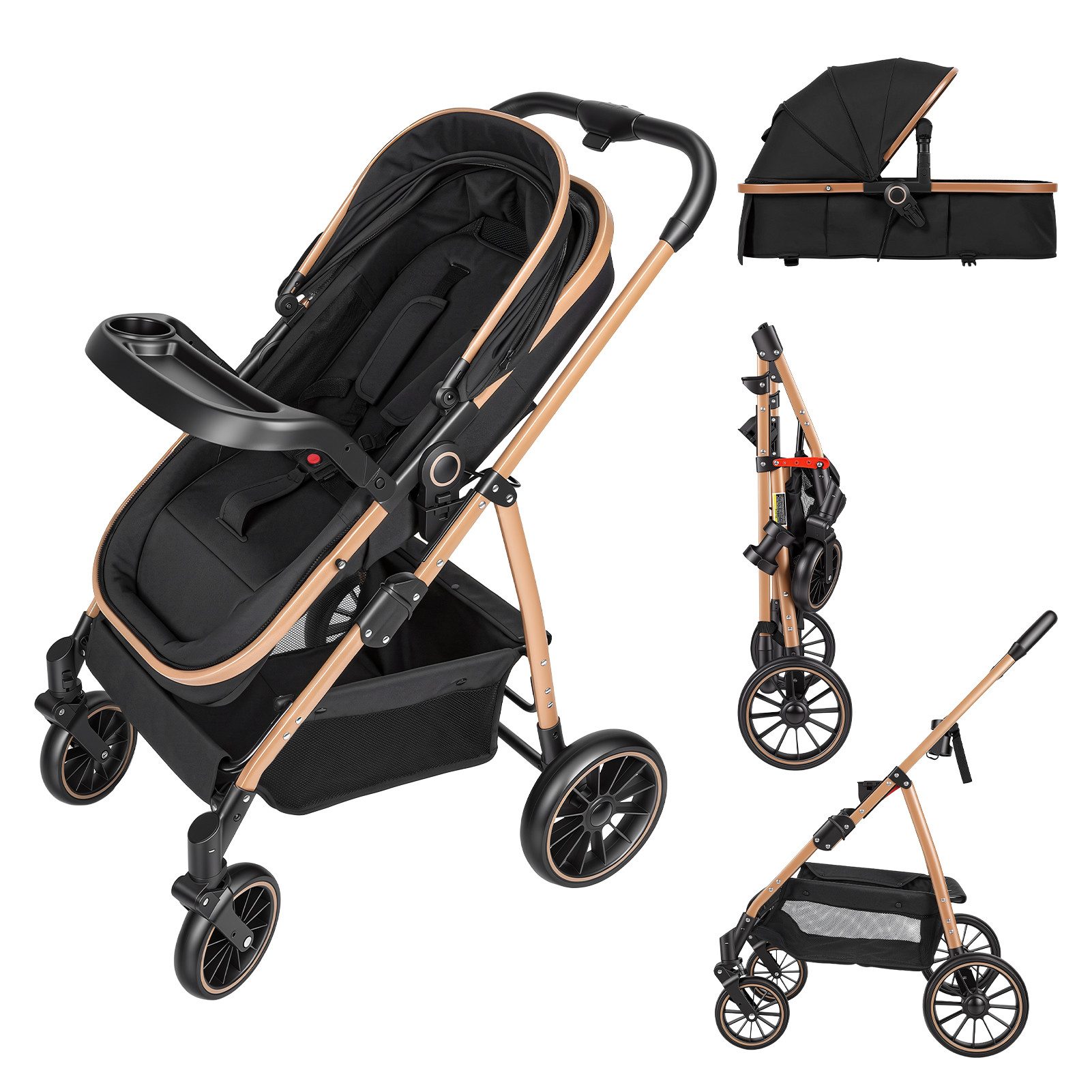 Rutaqian Kombi-Kinderwagen 2-in-1 Kombikinderwagen, Babywanne & Sportsitz, 5-Punkt-Gurt, Schwarz, Kinderwagen mit großem Einkaufskorb und abnehmbarem Tablett