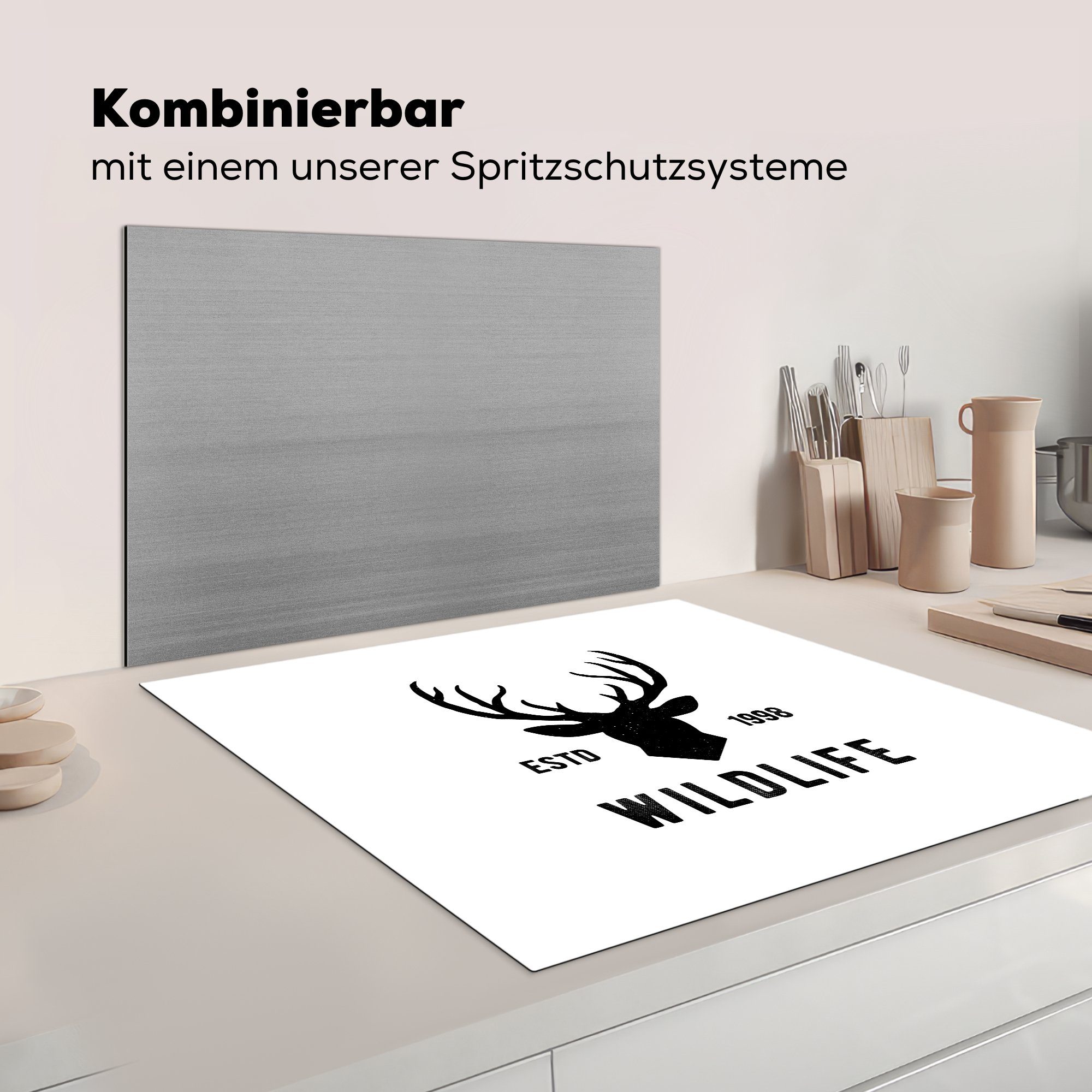 MuchoWow Herdblende-/Abdeckplatte Hirsch - Logo - Vinyl, 78x78 für Ceranfeldabdeckung, Weiß, küche cm, Arbeitsplatte - Schwarz (1 tlg)