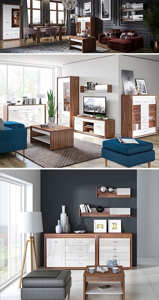 1 Feldmann-Wohnen Vitrine - 1 Sideboard 1 Couchtisch 1 (Set), - Dallas, - Lowboard - Wohnzimmer-Set 1 Wandregal