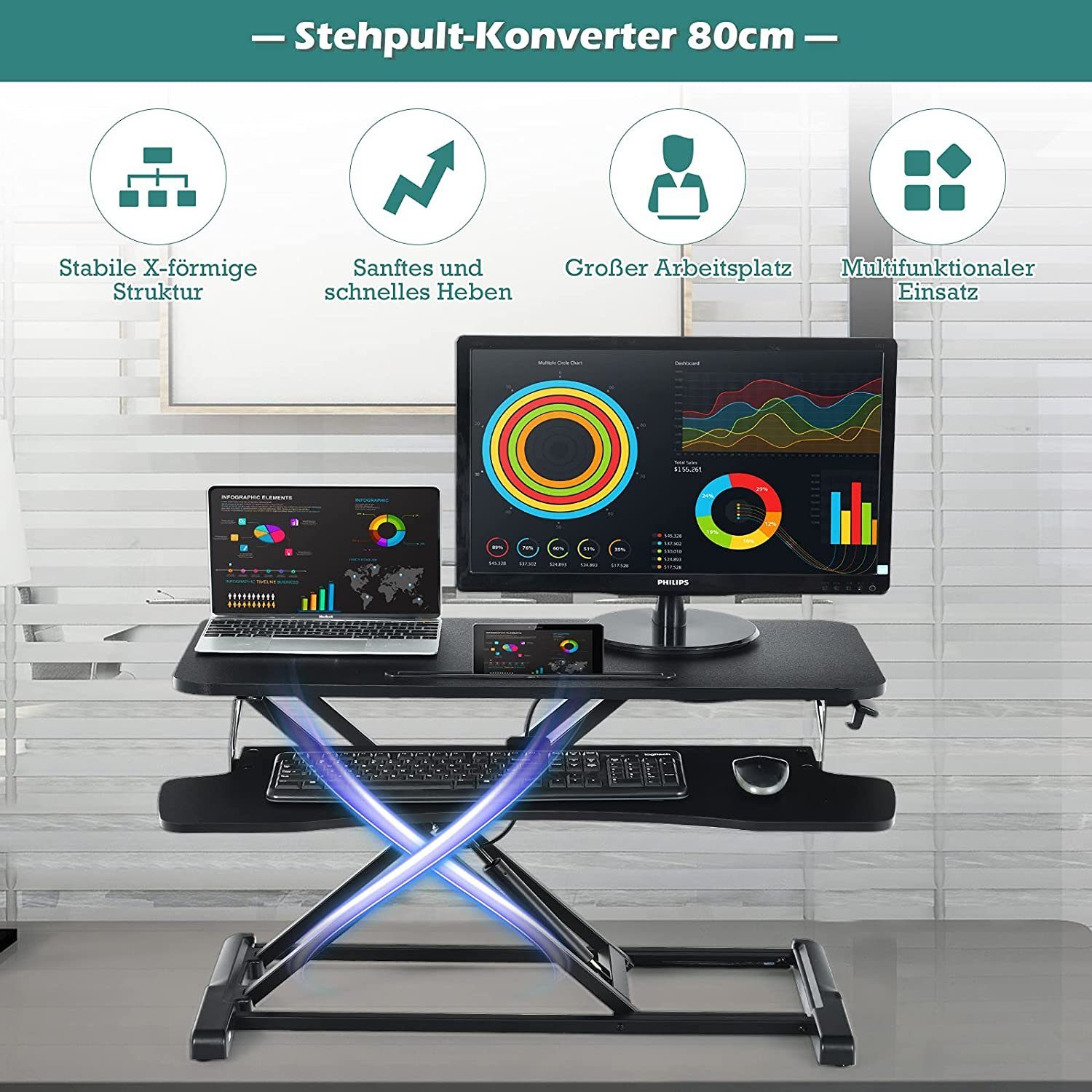 bis KOMFOTTEU Schwarz Schreibtischaufsatz, kg belastbar Computertisch Höhenverstellbarer Sit-Stand Workstation, 15