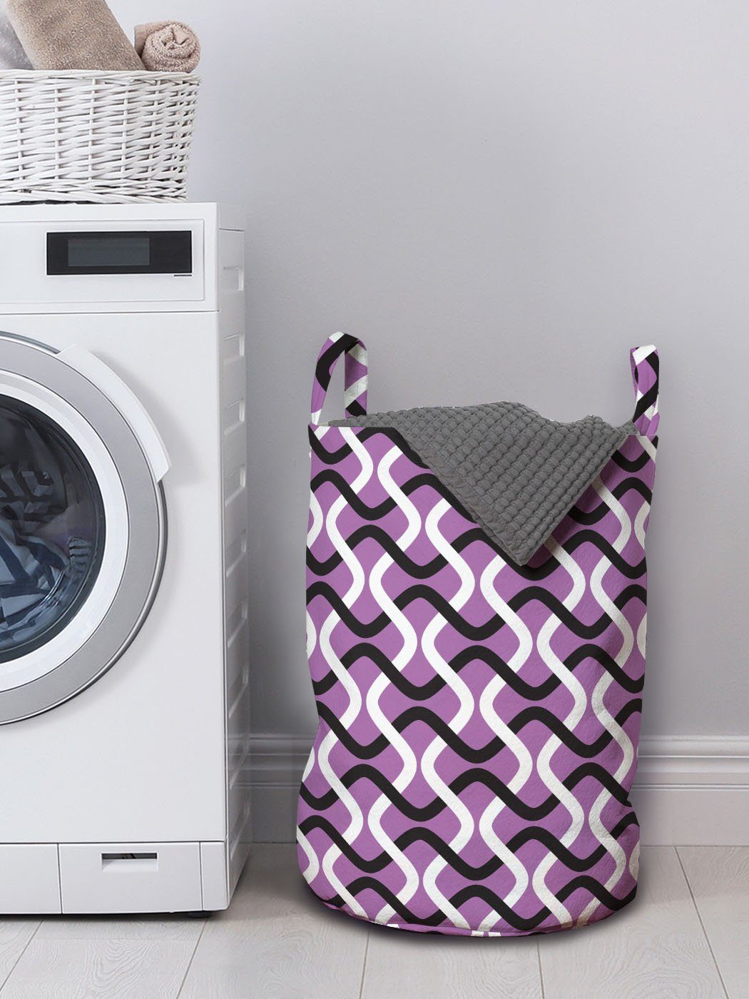 Wäschesäckchen Griffen für Abakuhaus Waves Waschsalons, Abstrakt Interlocking mit Kordelzugverschluss Wäschekorb