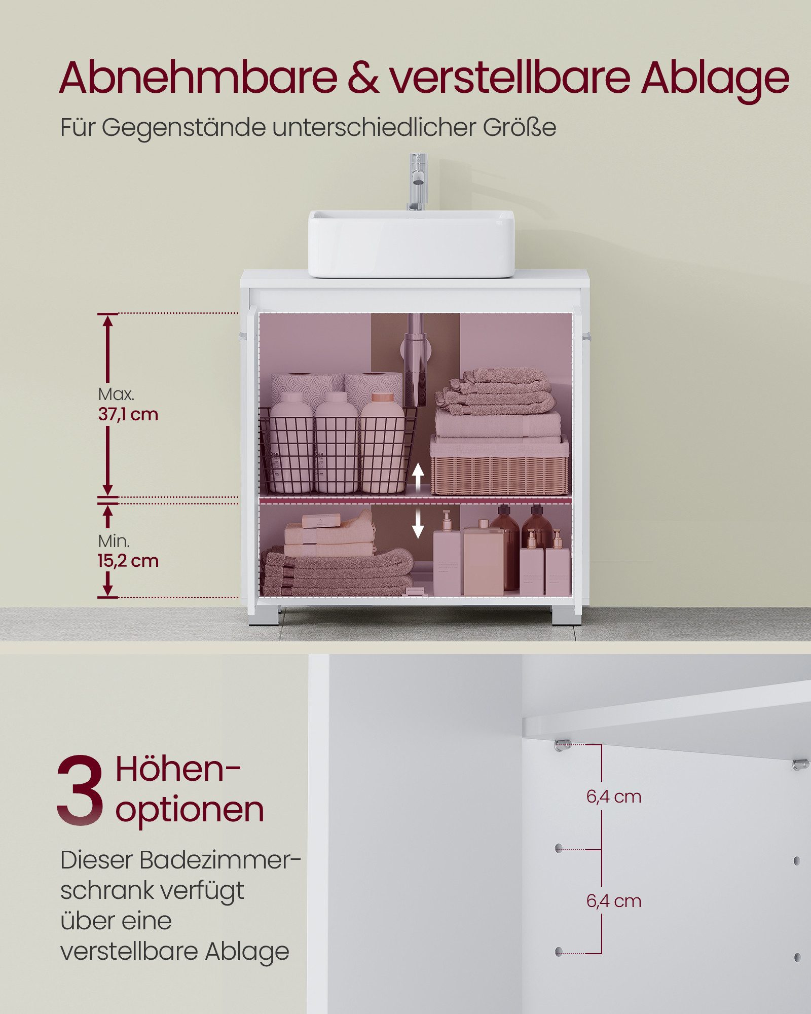 VASAGLE Waschbeckenunterschrank Badezimmerschrank, 2 Fächer, Breite 60 cm, Badezimmer-Unterschrank mit Füßen – Bild 4 von 5