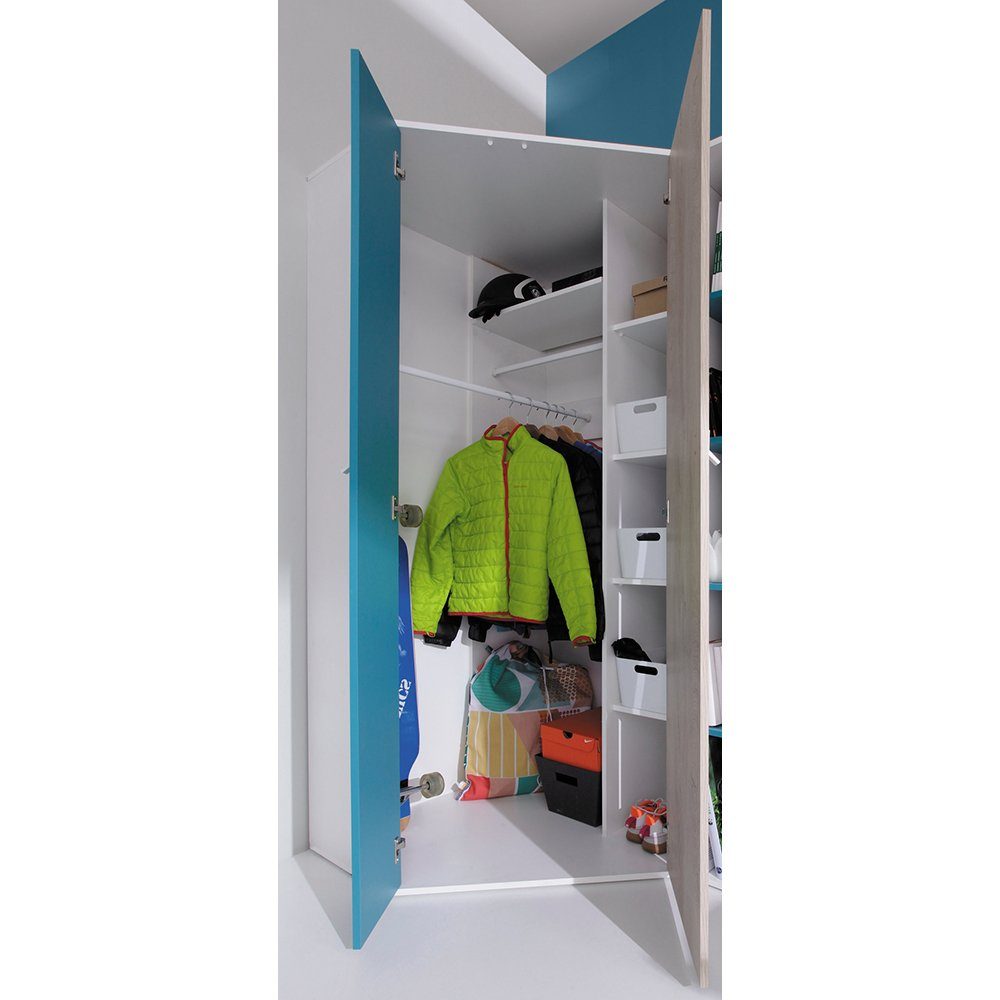 Lomadox Jugendzimmer-Set PITTSBURGH-133, (Sparset, 4-tlg), mit Eckkleiderschrank und Schreibtisch, weiß/Eiche/blau