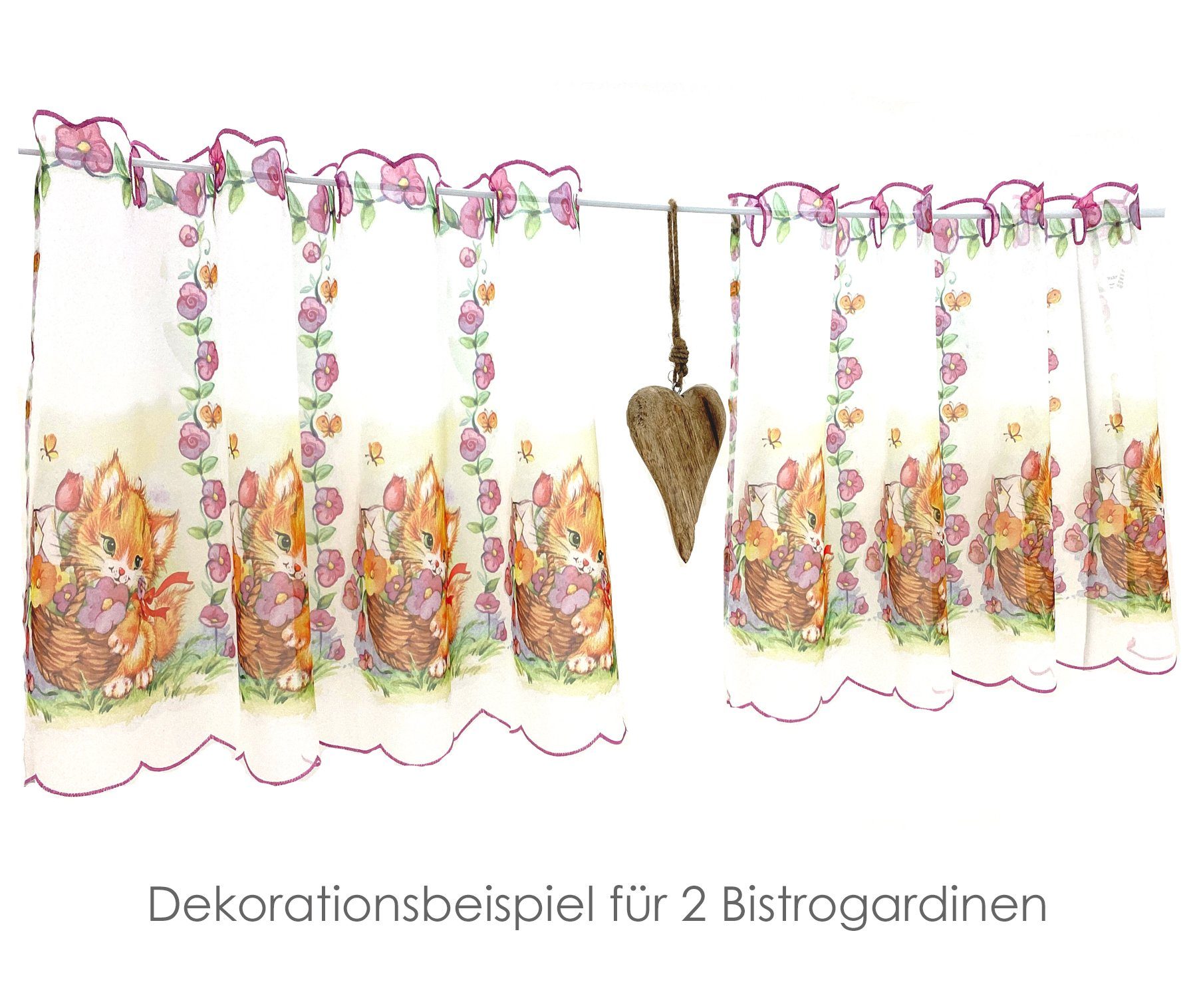 transparent, Durchzuglöcher Stickerei pink (1 Voile, Deko cm, Kante Kinderzimmer heimtexland, rosa 45x85 halbtransparent, Baby Katzen Scheibengardine HxB Gardine St), Fensterdeko,