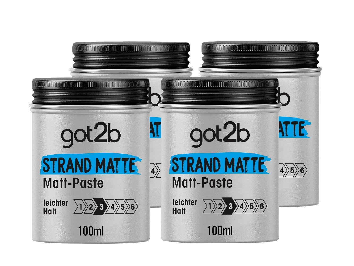 got2b Haarfestiger Strand Matte Matt-Paste, Spar-Pack, 4-tlg., für matte Surfer Looks, zum Strubbeln, Texturieren oder Zähmen ohne Verkleben, leichter Halt (4x 100 ml)