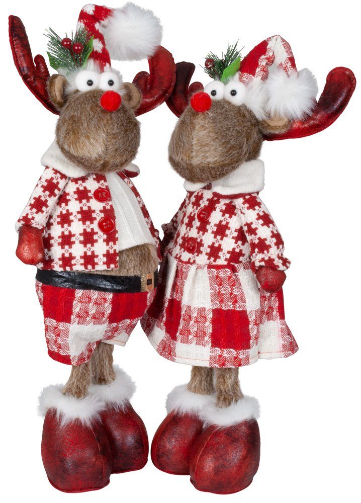 Christmas Paradise Weihnachtsfigur Elch stehend 45cm (55cm) (Dekofiguren, 2  St., im Set), Rentier Pärchen, 2 Designs Mann und Frau, Weihnachtsdeko Rot- Weiß