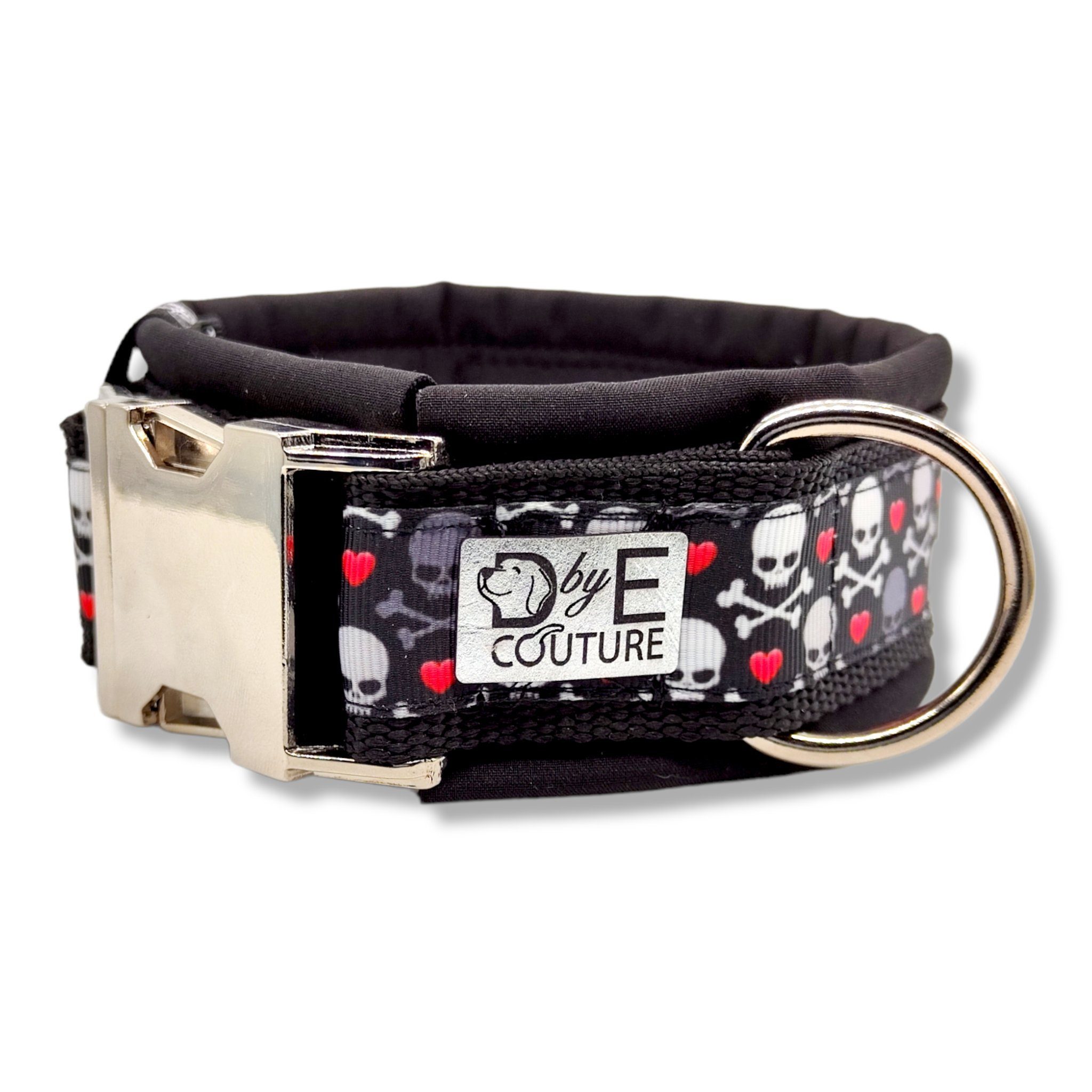D by E Couture Hunde-Halsband "Skulls & Hearts III", gepolstert, verstellbar, 50mm breit, Handmade