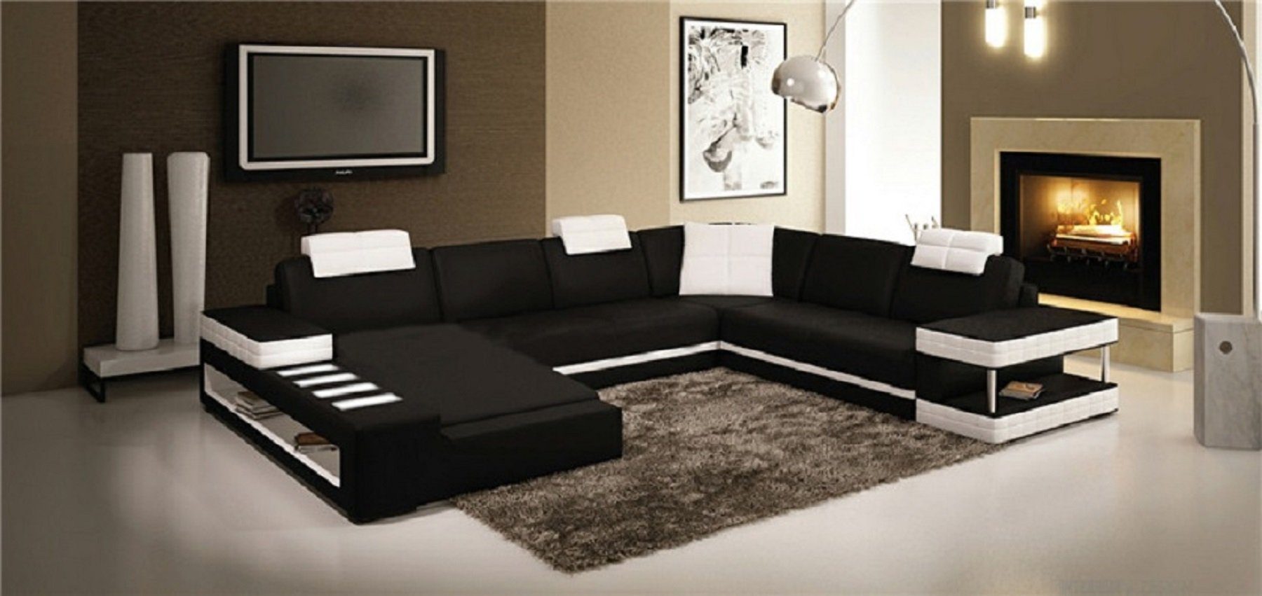 JVmoebel Ecksofa U Form Sofa Couch Polster Wohnlandschaft Design Luxus Ecksofa Leder Schwarz/Weiß