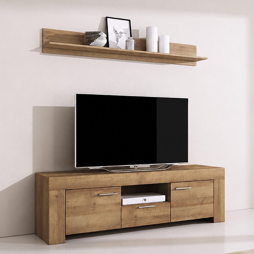 Lomadox Wohnwand STEGNA-160, (2-St., Lowboard Wandboard), Eiche Nb., 155 cm breit, 2 Türen mit Softclose, 1 Schubkasten