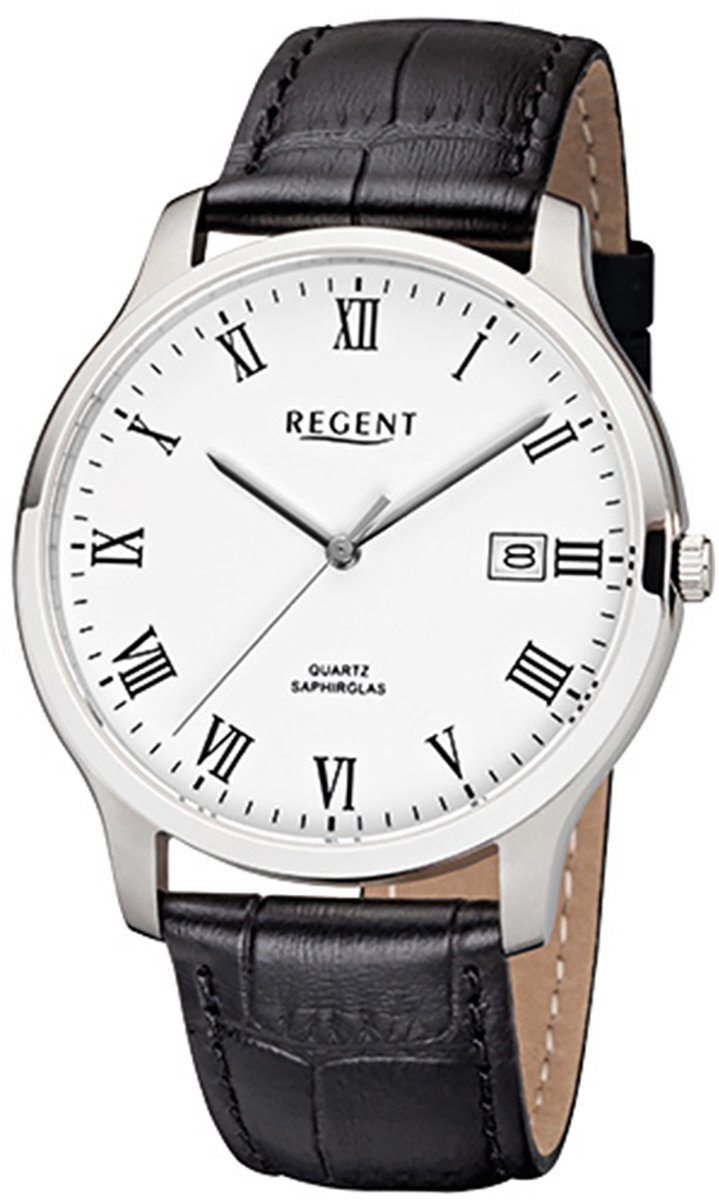 Regent Quarzuhr Regent Herren-Armbanduhr schwarz Analog, Herren Armbanduhr rund, mittel (ca. 39mm), Lederarmband