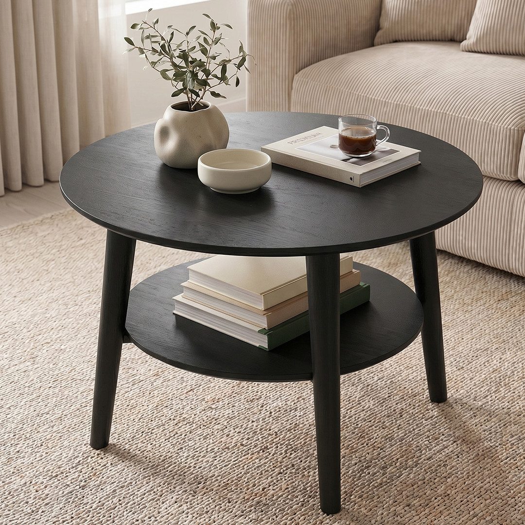 skølm Couchtisch Mjölnir aus Eiche Massivholz (Schwarz lackiert), Wohnzimmertisch Ø70 cm mit 2 Ablagen, auch in oval erhältlich