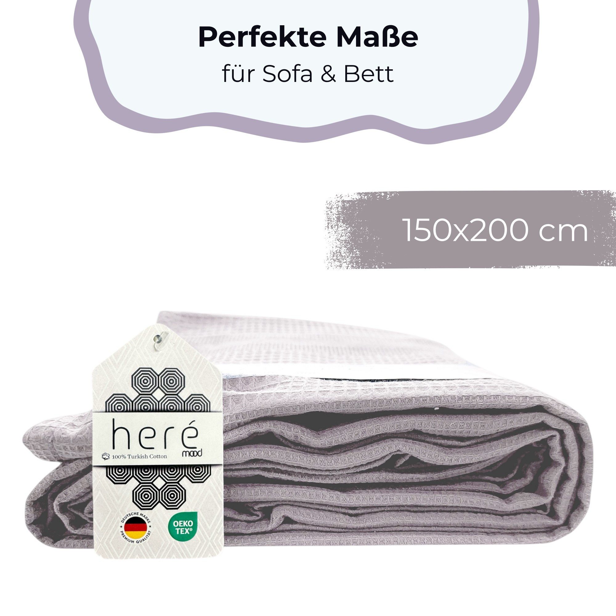herémood Tagesdecke aus 100% Baumwolle – Elegante Waffelpique Wohndecke 180x220 cm, weiche, Kuscheldecke für Sofa & Bett, atmungsaktiv & pflegeleicht – BEIGE