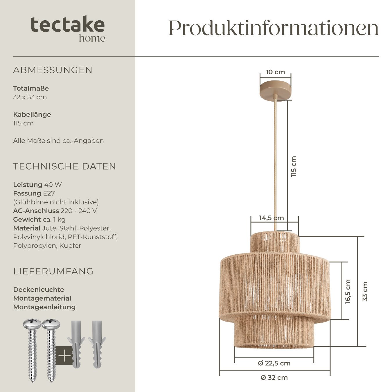 tectake Deckenleuchten Pendelleuchte Allegra aus Jute im Boho-Stil, 40W, Charmante Wandbeleuchtung mit gemütlichen Lichtakzenten