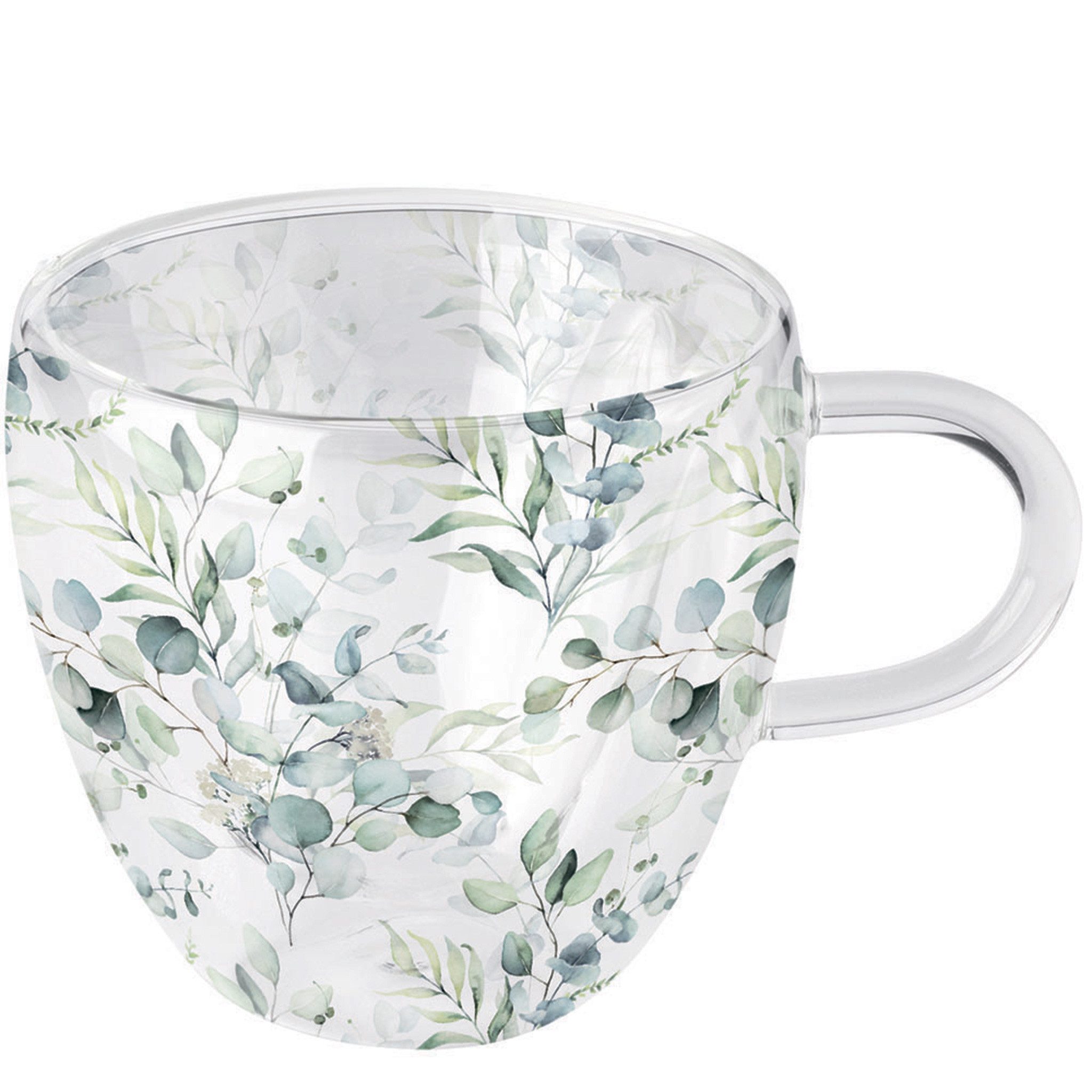 Ambiente Luxury Paper Products Tasse, Glas, Tasse 10cm Glas doppelwandig 0,2L mit Eukalyptus Motiv
