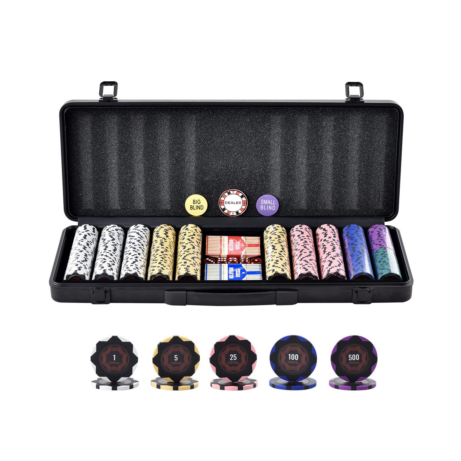 VEVOR Spielzeugtruhe Pokerchip-Set 500-teiliges Clay Komplettes Pokerspielset mit ABS-Poker
